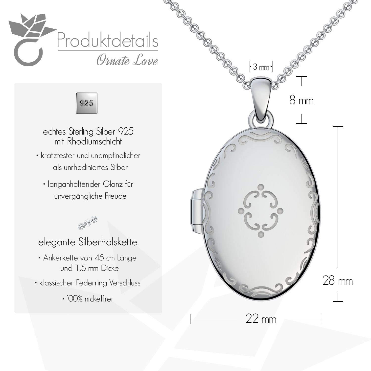 Medaillon oval groß Silber 925 Amulett antik vintage zum Öffnen aufklappen | aufklappbar mit Kette für Foto Silber Kette 925 inkl. Luxusetui