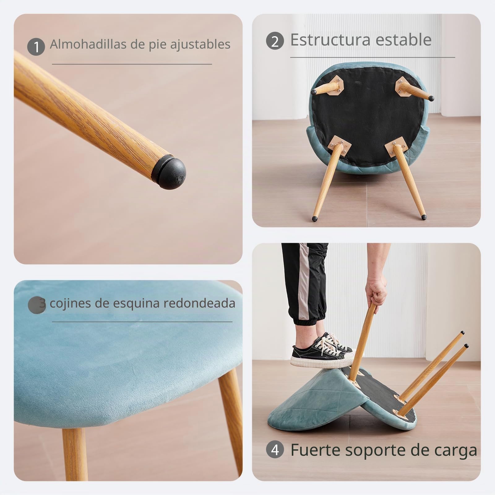 Pack de 6 Silla de Comedor, Sillas de Cocina de Terciopelo Suave con Soporte de Patas de Metal, Silla de Comedor Moderna con Almohadilla Protectora Ajustable - Verde