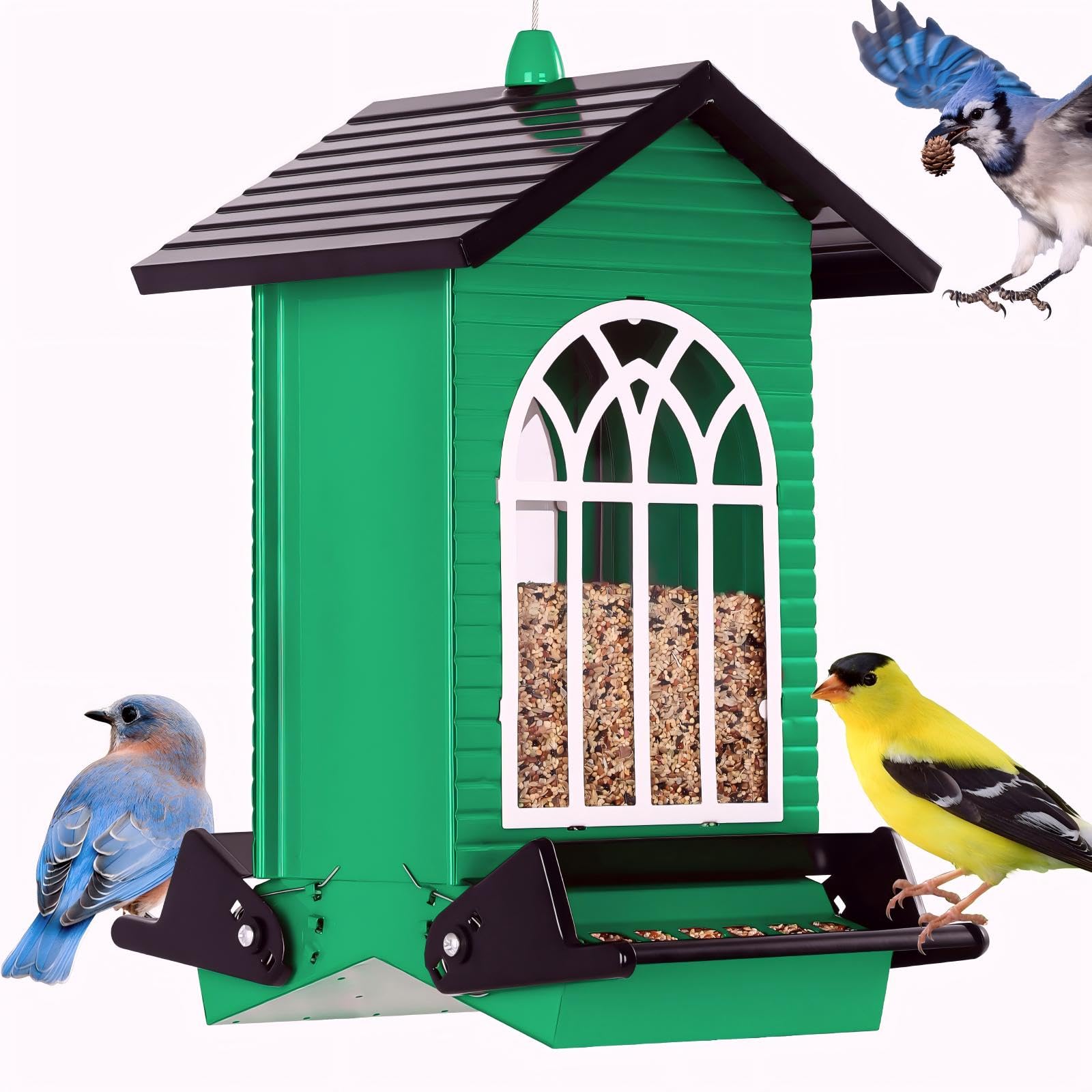 Gbekery Comedero para pájaros a prueba de ardillas para exteriores, gran capacidad de 5 libras, comedero de semillas de pájaros silvestres de metal con perchas bilaterales activadas por peso para