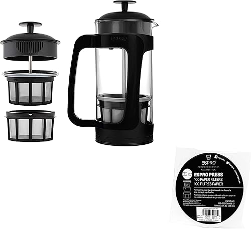 ESPRO P3 French Press - Cafetera y té con doble microfiltrado, 32 onzas, filtros de papel de café negro de 100 unidades