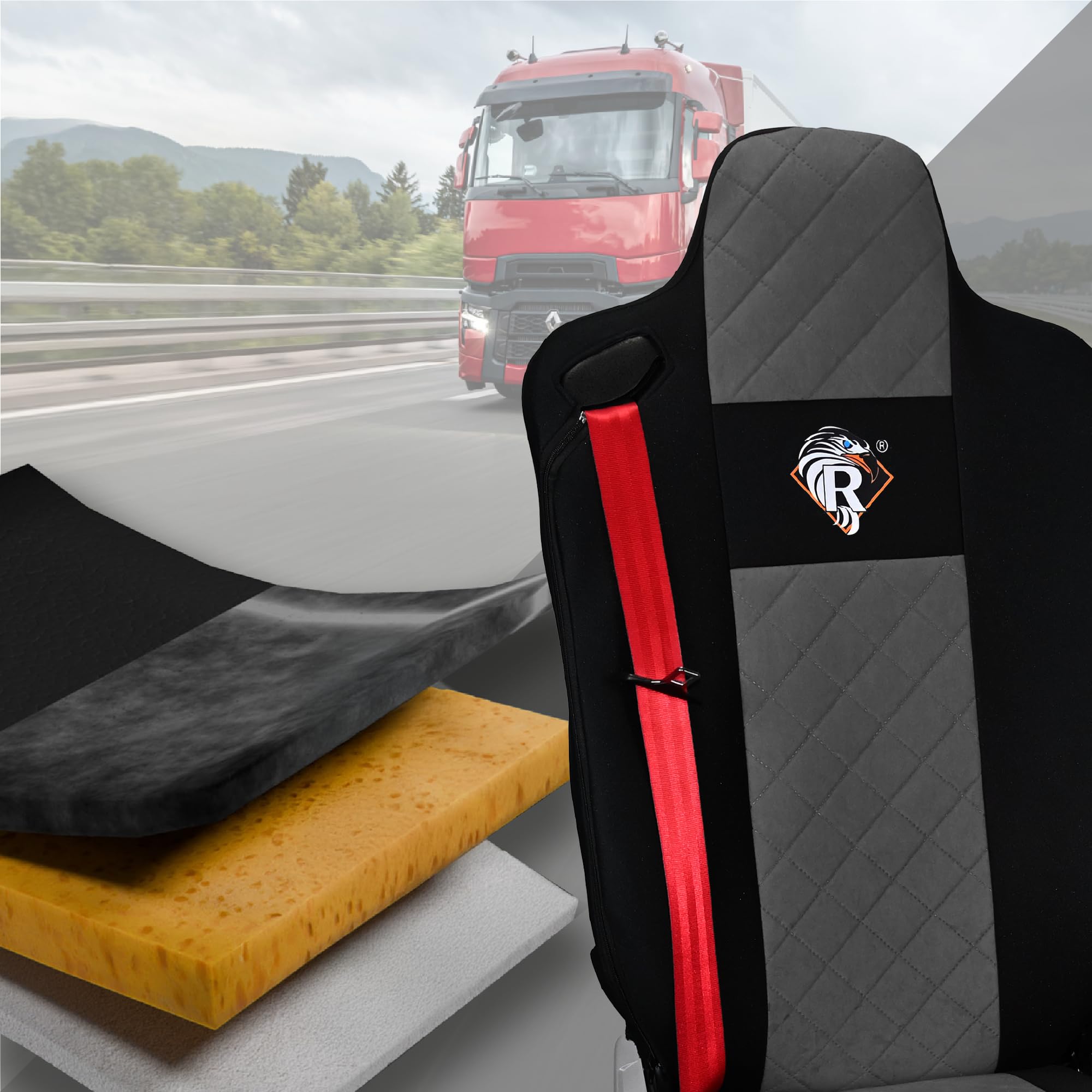 SABA Funda de Asiento para Renault Serie T Desde 2014, Asiento del Conductor con reposacabezas, Asiento del Pasajero, 2 Cinturones de Seguridad Gris Accesorios de protección para Asientos de Camiones