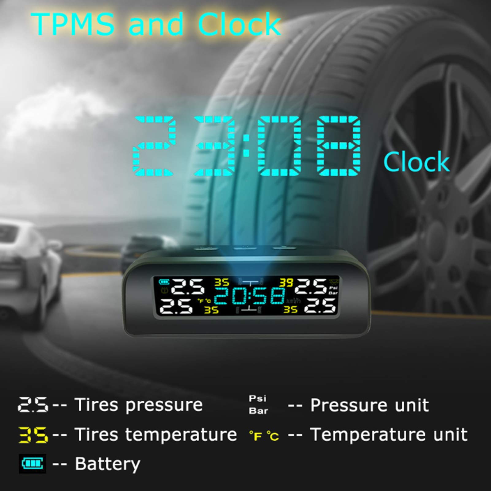 Sistemas de monitoreo de presión de neumáticos Pantalla LCD de Carga Solar TPMS para automóvil con Reloj con Sensor Externo diseñado