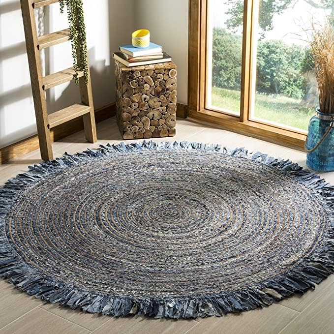 Tapis rond tressé à la main en jute pure 120cm salon denim
