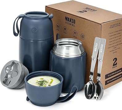 MAXSO 2 Pack Soup Thermo for Hot & Cold Food for Kids Adults, Vacuum Insulated Food Jar Thermal Lunch Containers, Travel Food Flask with Spoon 24 oz,17 oz Dusty Blue
