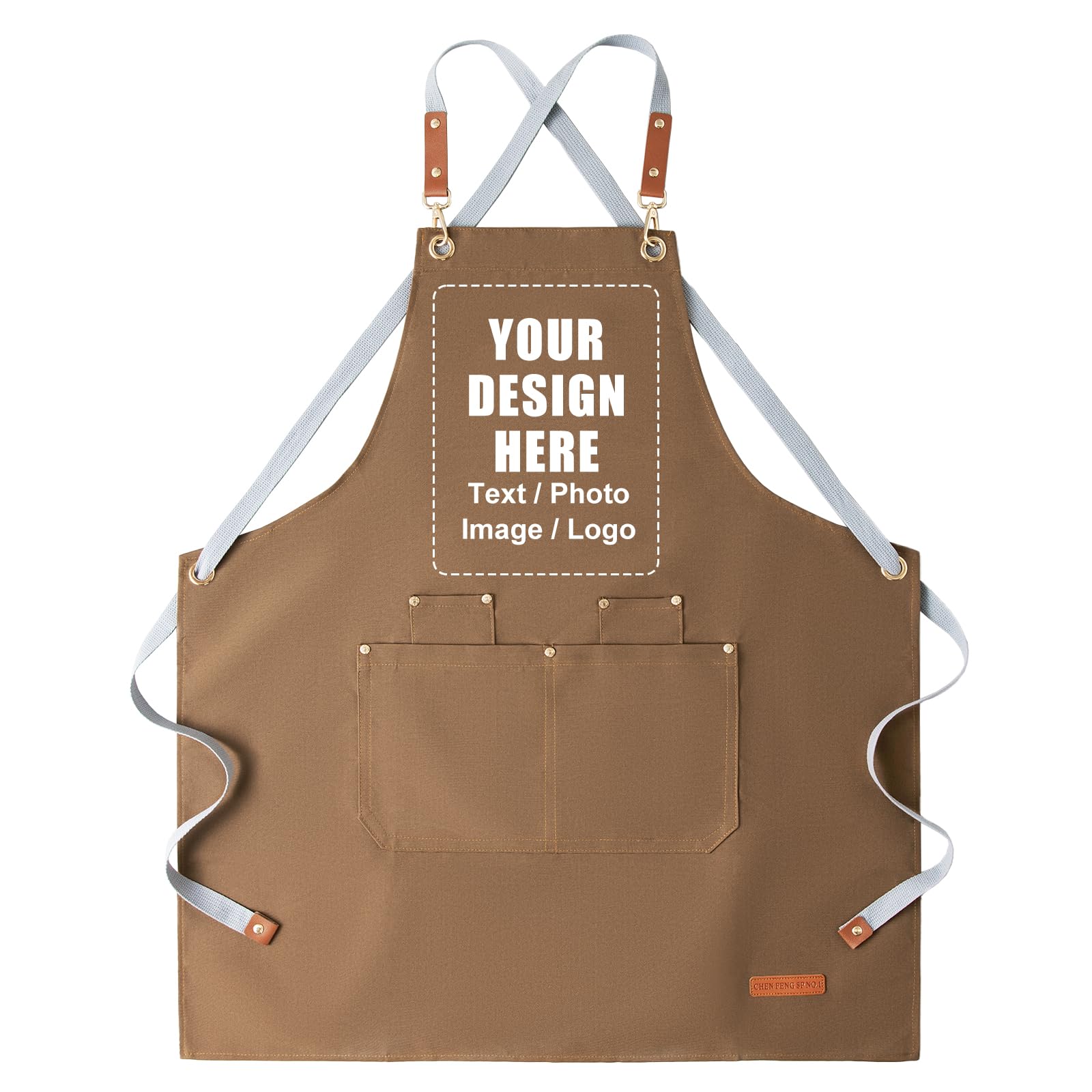 Personalised Apron for Women Men with Picture Text, Kitchen Cooking Baking Chef Waitress Apron (Light brown)