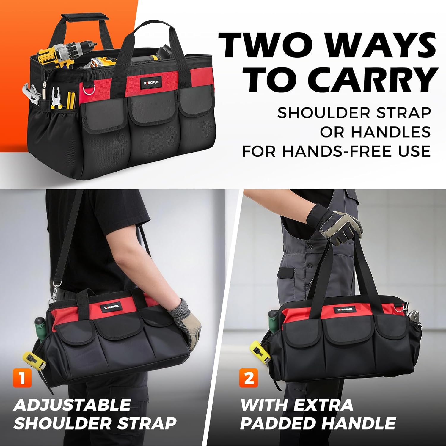 Kingfun 16 Inch Heavy Duty Tool Bag with 14 Pockets, Wide Mouth Tool Bag Organizer with Adjustable Shoulder Strap & Padded Handle, Durable Tool Storage Bag for Electricians, Mechanics & More (Red)