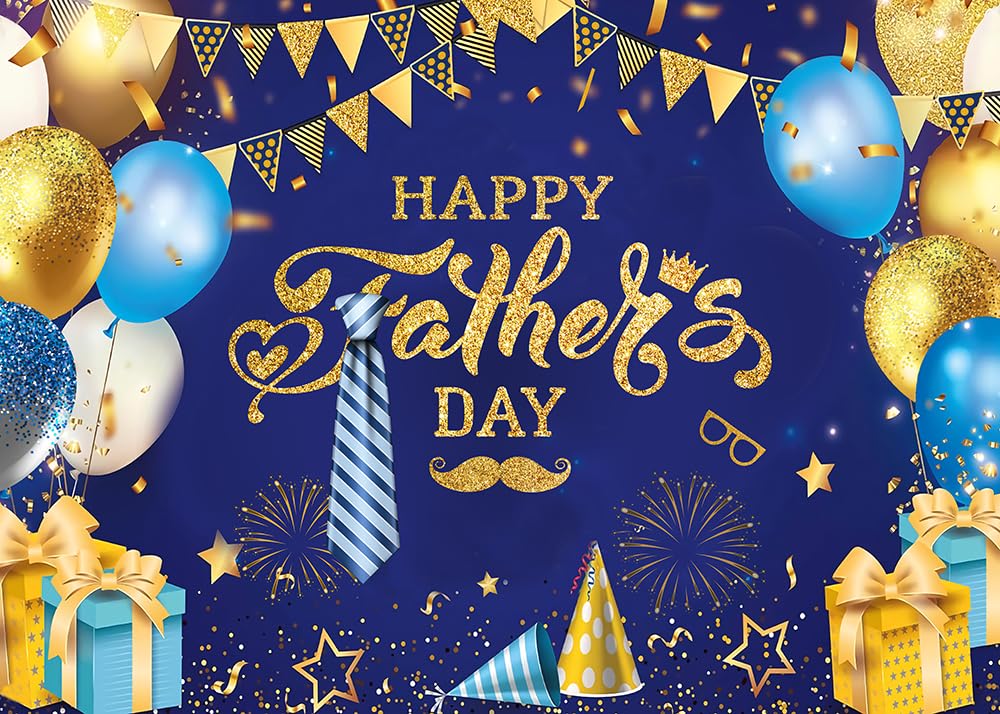 CHAIYA 8x6ft Father's Day Party Backdrop Blue Gold Photography Background Glitter Balloons Cake Table Banner CY305