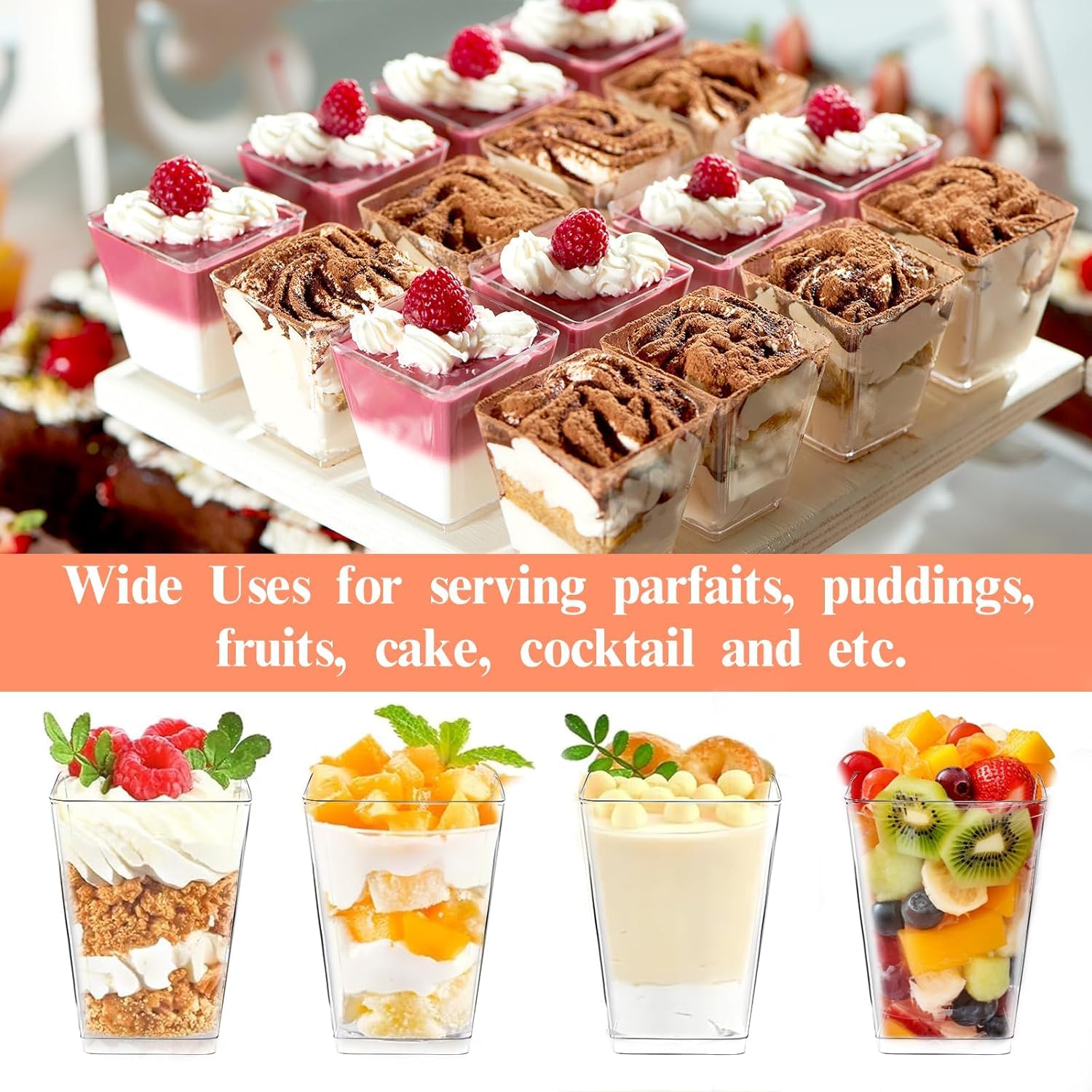 Sprifityy - Juego de 50 tazas de postre cuadradas transparentes (160 ml, 50 cucharas, fáciles de limpiar, reutilizables, para tartas espumosas, helados, postres caseros, puddin — view 4