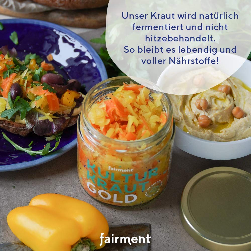 Fairment Kultur Kraut Gold - lebendiges Sauerkraut im Glas mit Karotten, Ingwer und Kurkuma - natürlich fermentiert und nicht pasteurisiert