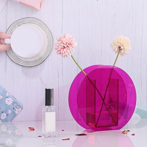 Jarrón de acrílico rosa intenso, moderno jarrón pequeño de acrílico geométrico de boca ancha, florero rosa intenso para centros de mesa, jarrón de