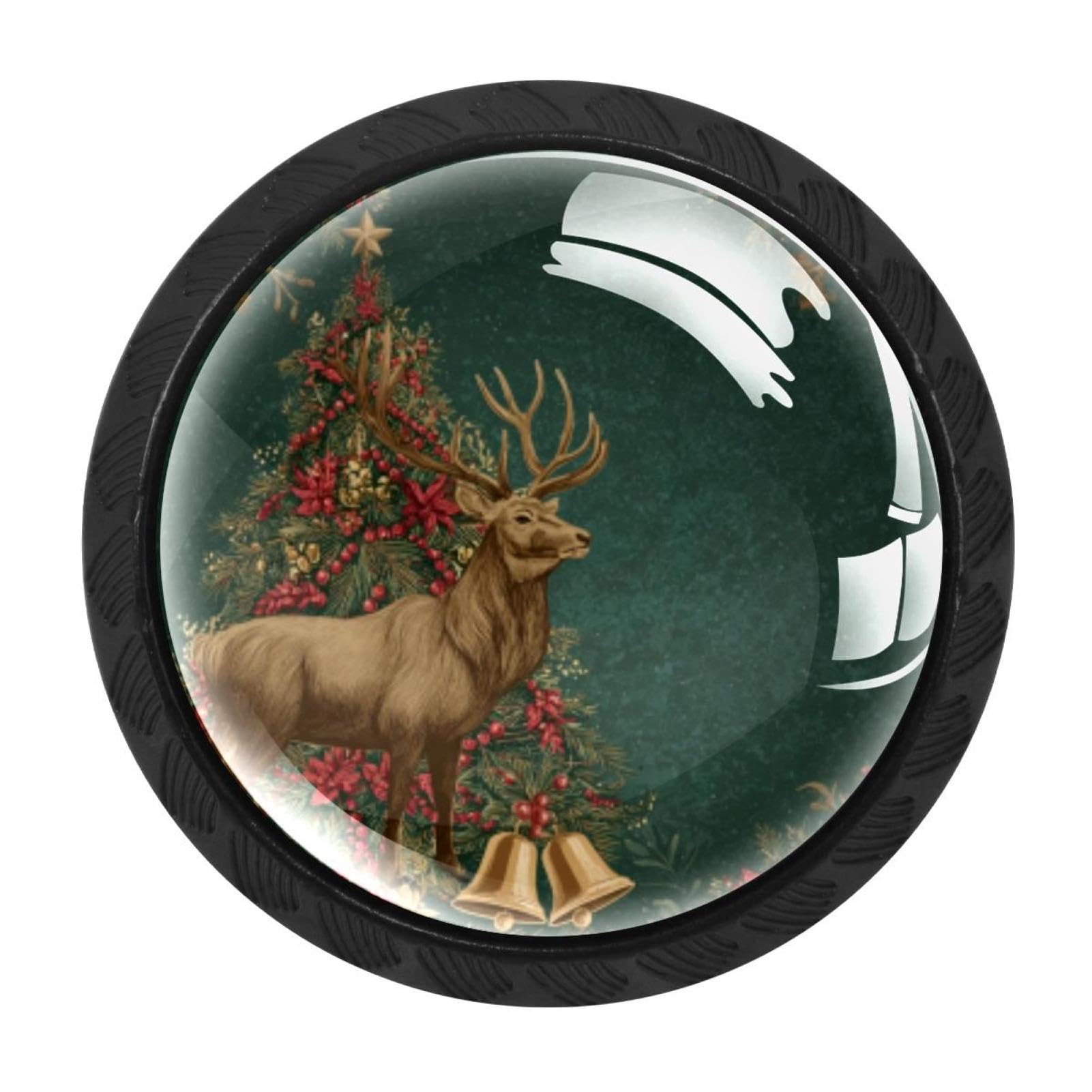 CHENZZZZ 4 Pieces Christmas Tree Elk Bell Background (2) Drawer Knobs, 35mm Black Cabinet Knobs, Drawer Pulls and Knobs, Dresser Drawer Knobs, Cabinet Hardware Kitchen Cabinet Knobs