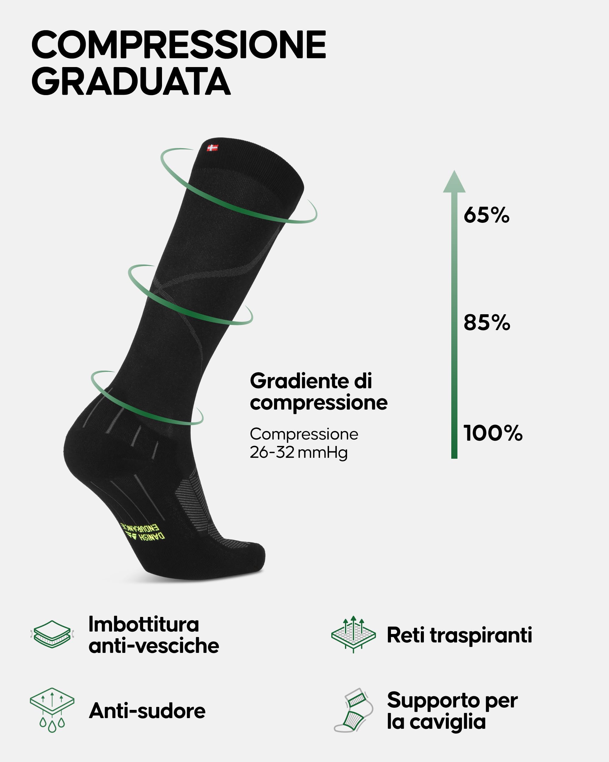 DANISH ENDURANCE Calze Compressione Graduata Uomo Donna 26-32 mmHg, Calze Contenitive Traspiranti, per Recupero, Circolazione e Allenamento