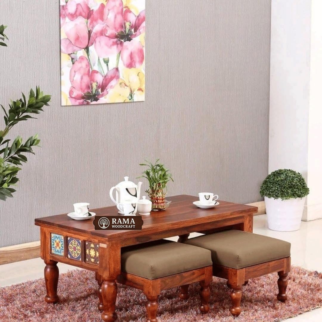Rama Woodcraft Solid Sheesham Wood Center Coffee Table Set with Two Accompanying Stools, Nesting, End Table, Furniture for Living Room, Drawing Room, Hall, Bedroom, Office-picture-36