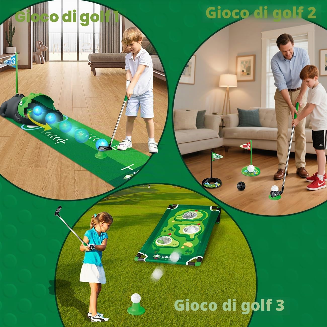 TERRAMUS Set da Golf 3 in 1 per Bambini con Ritorno Automatico Golf Dinosaursco, Tavolo da Golf Cornhole,Palline Luminose al LED,Tappeto per Il Putting,Mini Giochi di Golf,Regalo per Bambini 3-8 Anni