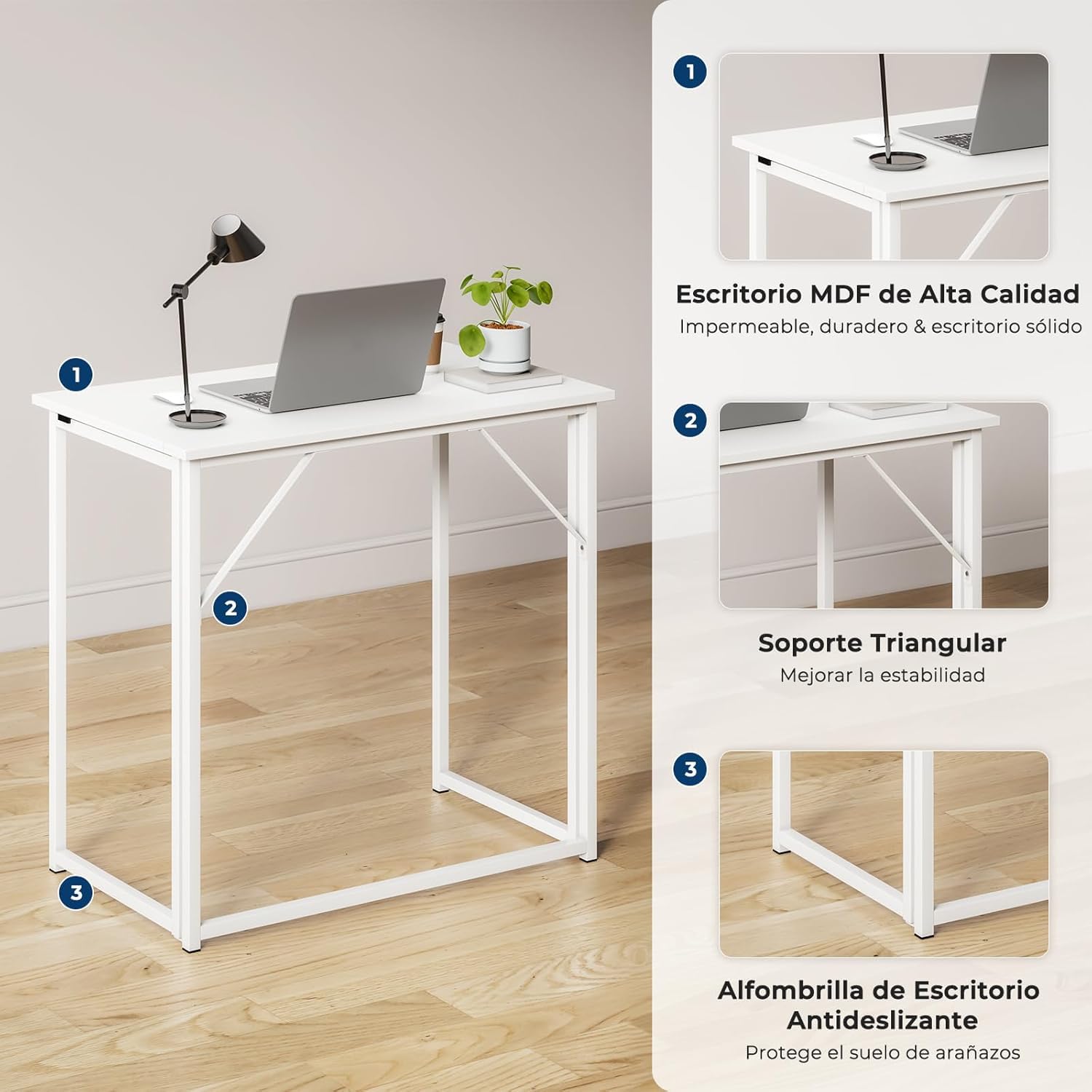 Dripex Mesa Escritorio Plegable, Compacto, Estable y Fácil de Montar, Mesa Pequeña Ordenador para Casa Oficina y Cualquier Poco Espacio, Color Blanco, 80 x 46 x 74cm