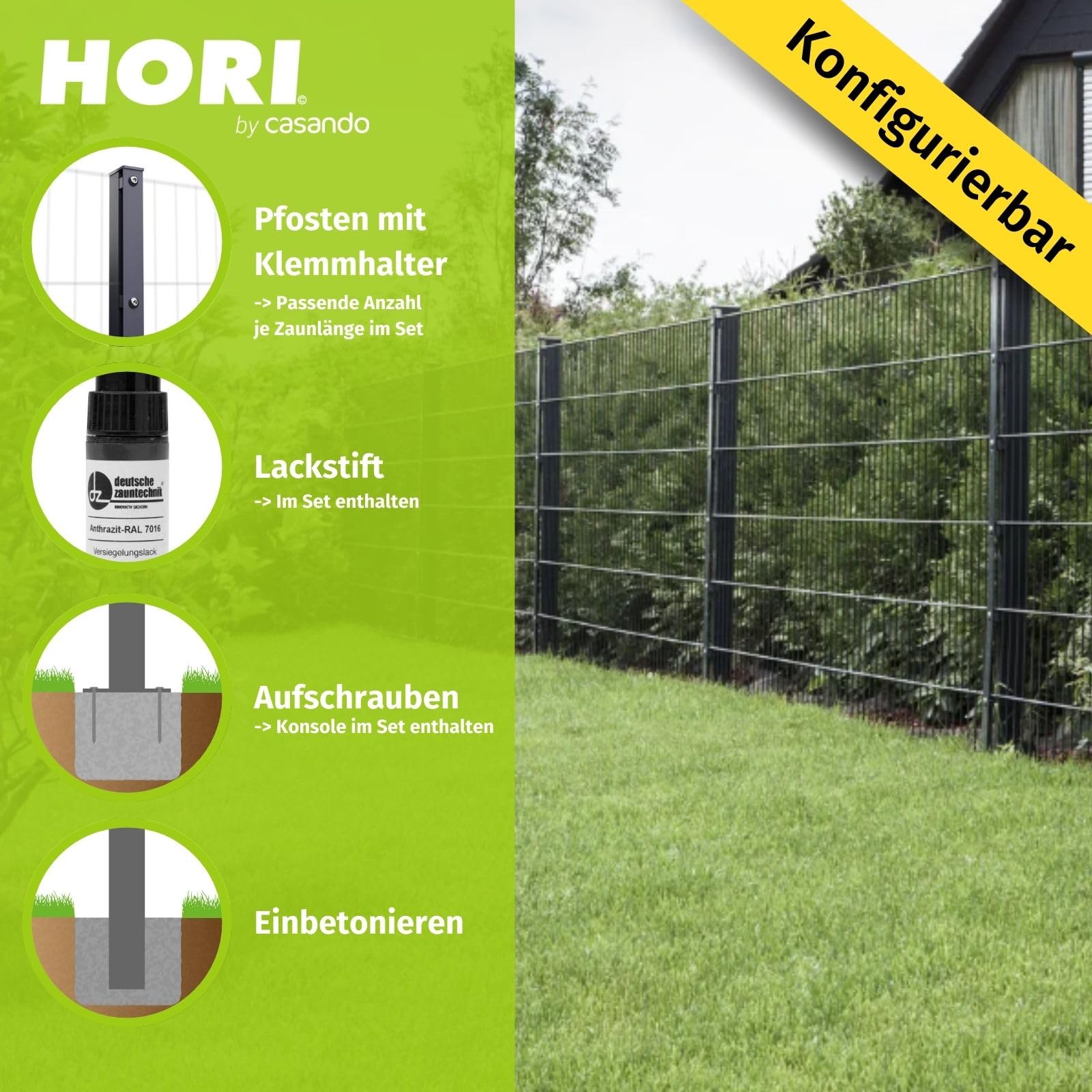 HORI Doppelstabmattenzaun Komplettset I je 200 cm Mattenzaun I Stabstärke 6/5/6 I Anthrazit, Grau RAL 7016 I Inkl. Lackstift I Höhe 183 cm - Länge 6 m - zum Einbetonieren