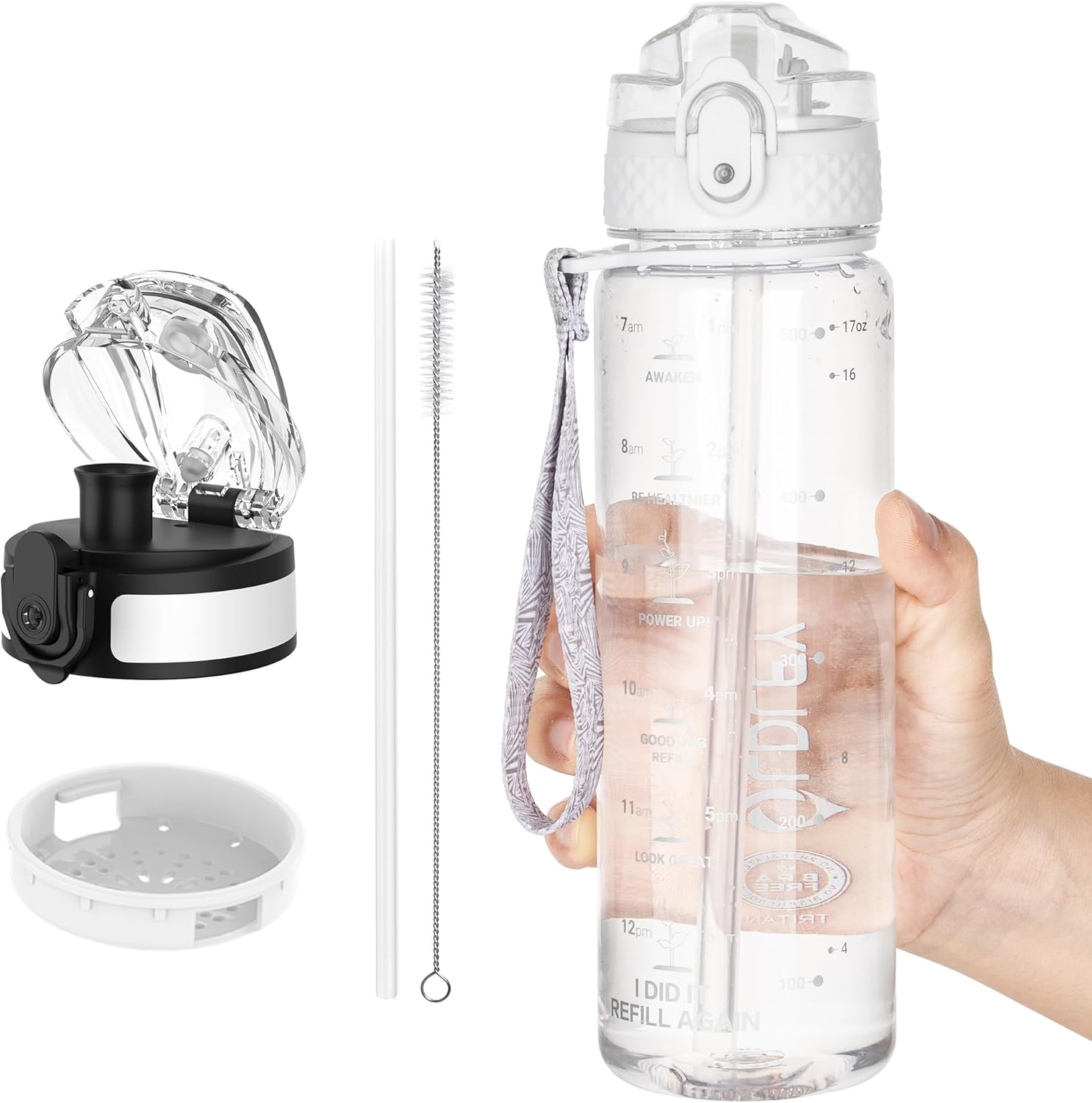 OLDLEY Kids Water Bottle for School, 17 oz (2 lids) BPA-Free Reusable Leak-proof Durable Tritan Plastic Water Bottles with Straw & Chug Lids, Anti-dust Spout Cover (Clear)