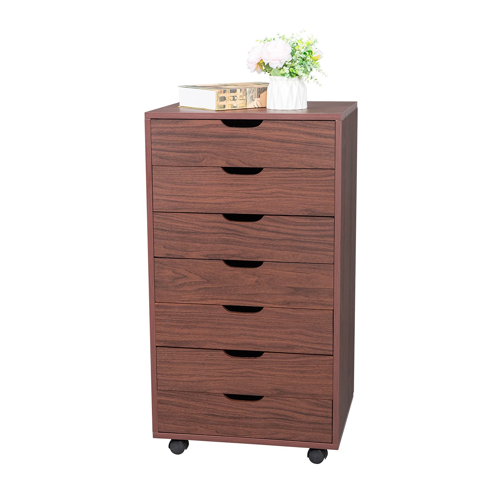 Goujxcy Wooden 7 Drawer Mobile File Cabinet, Wood Storage Dresser Cabinet Makeup Drawers Organizer on Wheels for Home Office (Dark Walnut)