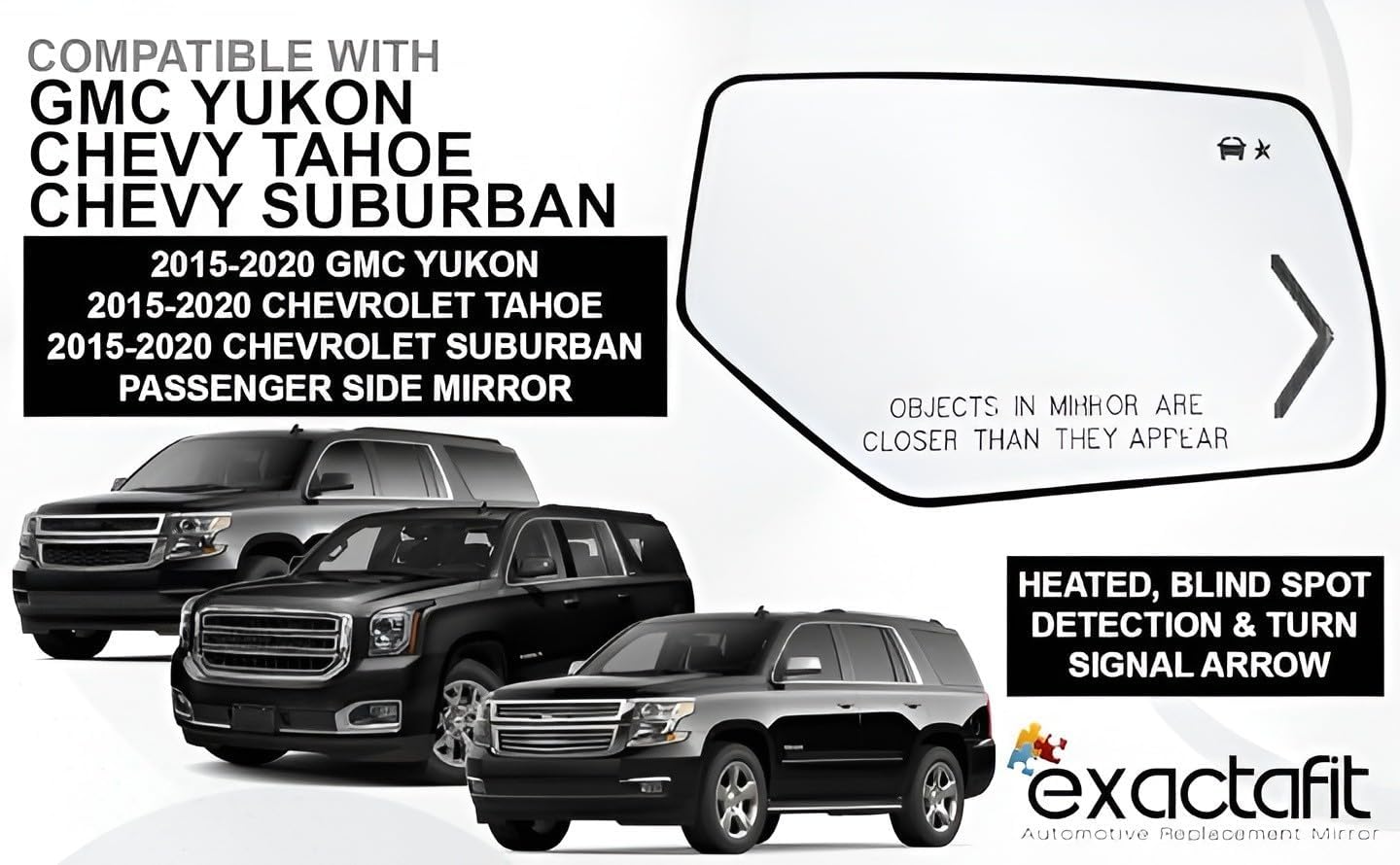 Passenger Side Mirror Glass Replacement For 2015-2020 Chevy Suburban Tahoe, GMC Yukon, Cadillac Escalade Right Heated Mirrors with Backing Plate 22976556 Blind Spot Detection with Turn Signal