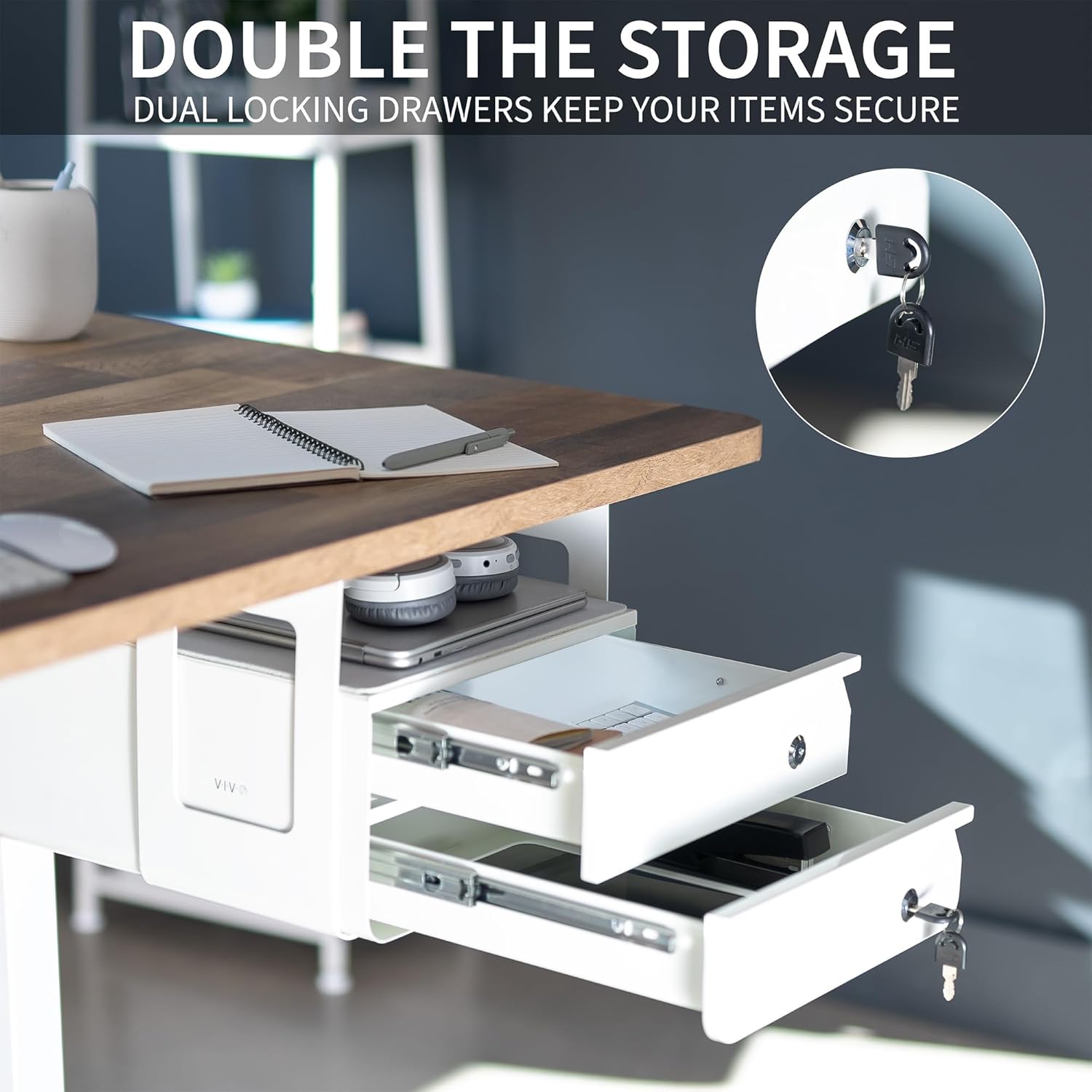 VIVO 13 inch Under Desk Double Stacked Slide Out Drawers with Lock, Secure Home Office Storage Organizer, White, DESK-AC03L-2W