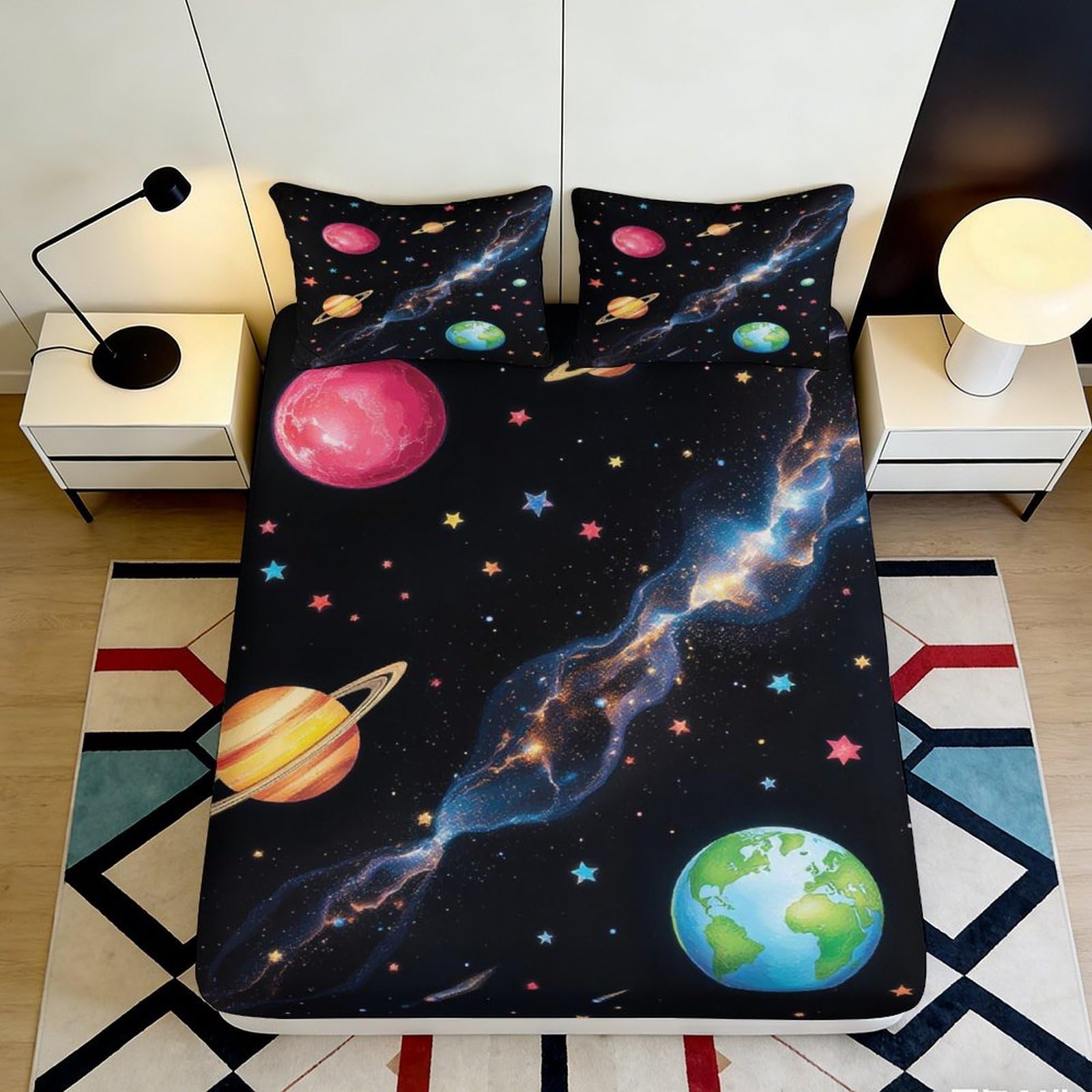 3D Printed Galaxy Starry Sky Fitted Sheet Microfiber Soft Black Cosmic Nebula Mattress Cover for Bedroom Decor 180x200x25cm