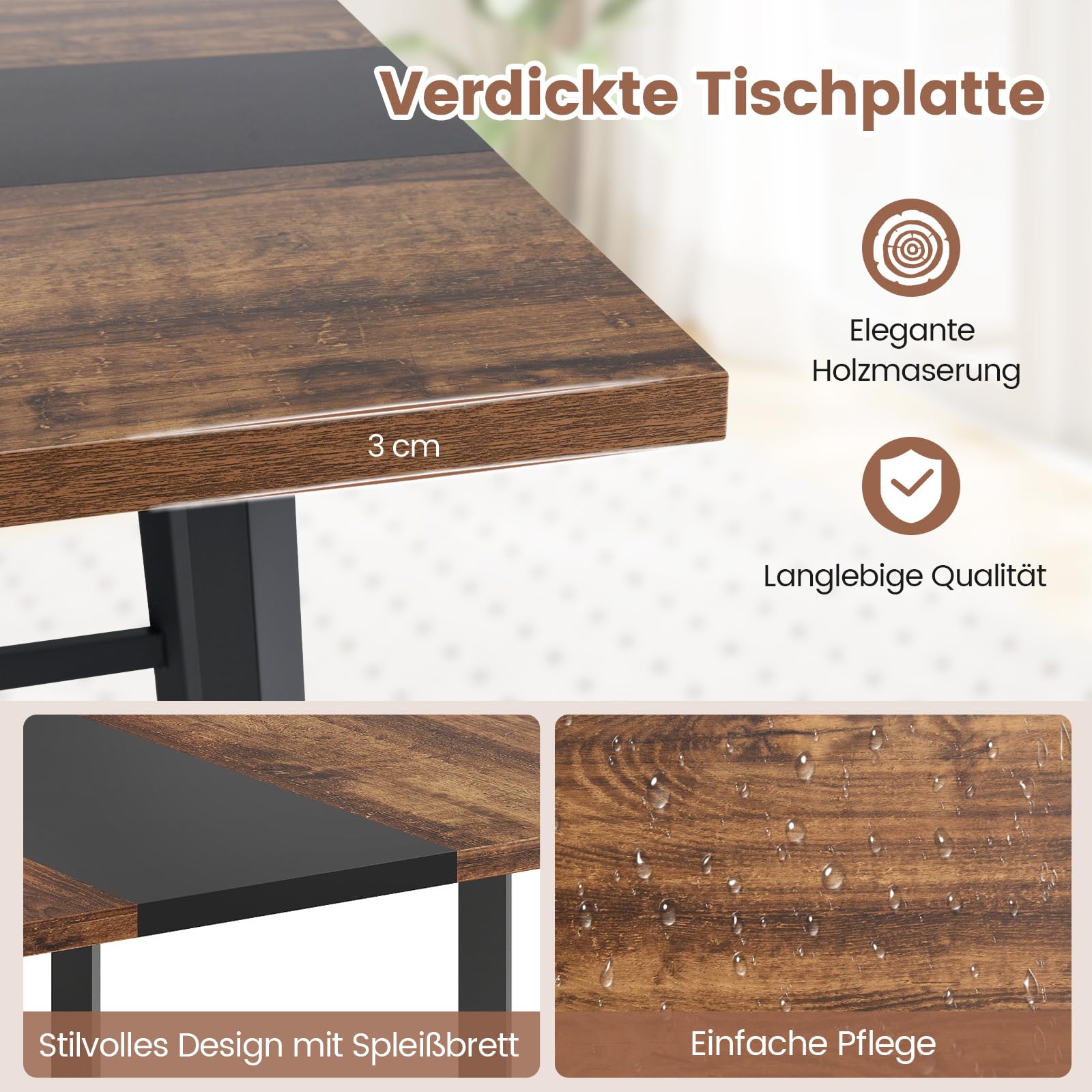 COSTWAY Konferenztisch, quadratischer Besprechungstisch mit Metallrahmen, Seminartisch zusammensetzbar für 4 Personen, Büro, Vorstandszimmer, Esszimmer (100 x 100 x 75 cm,Rustikal Braun + Schwarz)