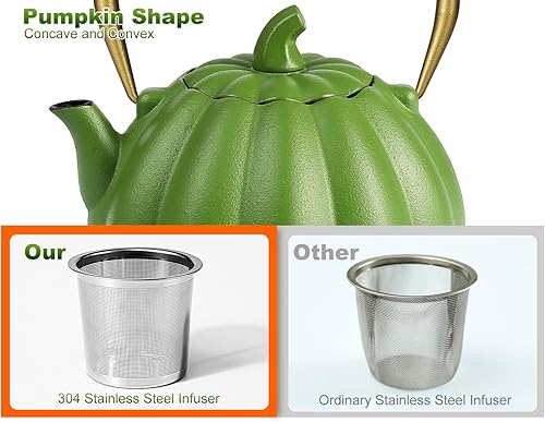 Miniatura 5 de VICSKY Tetera de hierro fundido de calabaza (40 oz40.6 fl oz), bonita forma de calabaza natural, hervidor de té de hierro fundido con esmalte