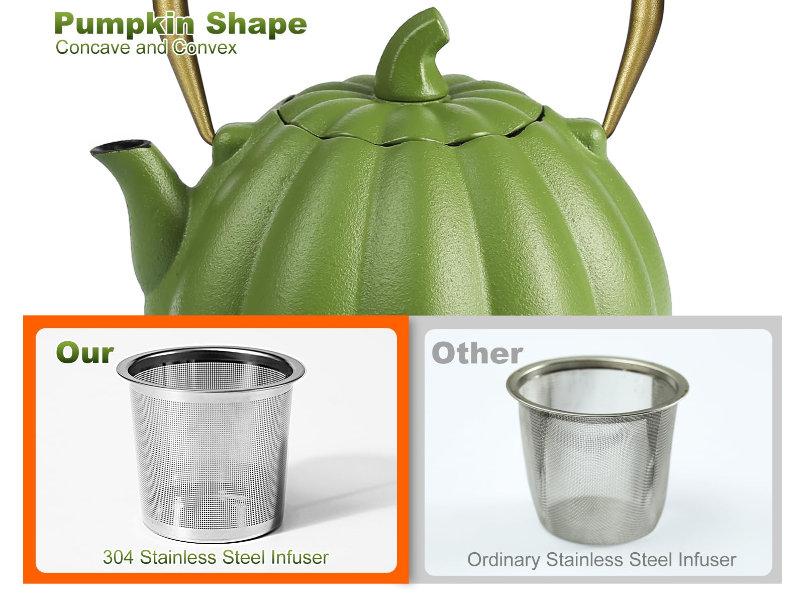 VICSKY Tetera de hierro fundido de calabaza (40 onzas/1200 ml), bonita forma de calabaza natural, tetera de hierro fundido con revestimiento esmaltado para hojas de té sueltas, apta para estufa (verde