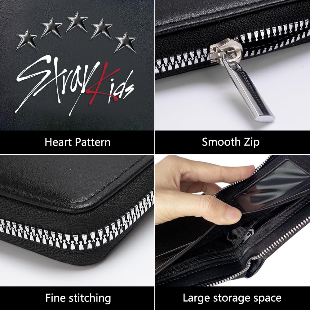 Stray czarny portfel unisex do Stay, SKZ skóra PU z zamkiem błyskawicznym i zawieszką w kształcie gwiazdy, portfel Kpop z 1 naklejką 3D SKZ i 2 fotokartami SKZ