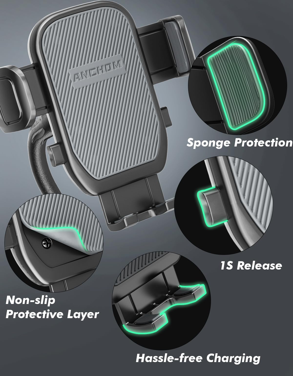 ANCHOM Soporte de teléfono para Coche, Soporte Mejorado para teléfono de Coche con Base expandible, Compatible con iPhone Samsung Todos los teléfonos de 4 a 7 Pulgadas