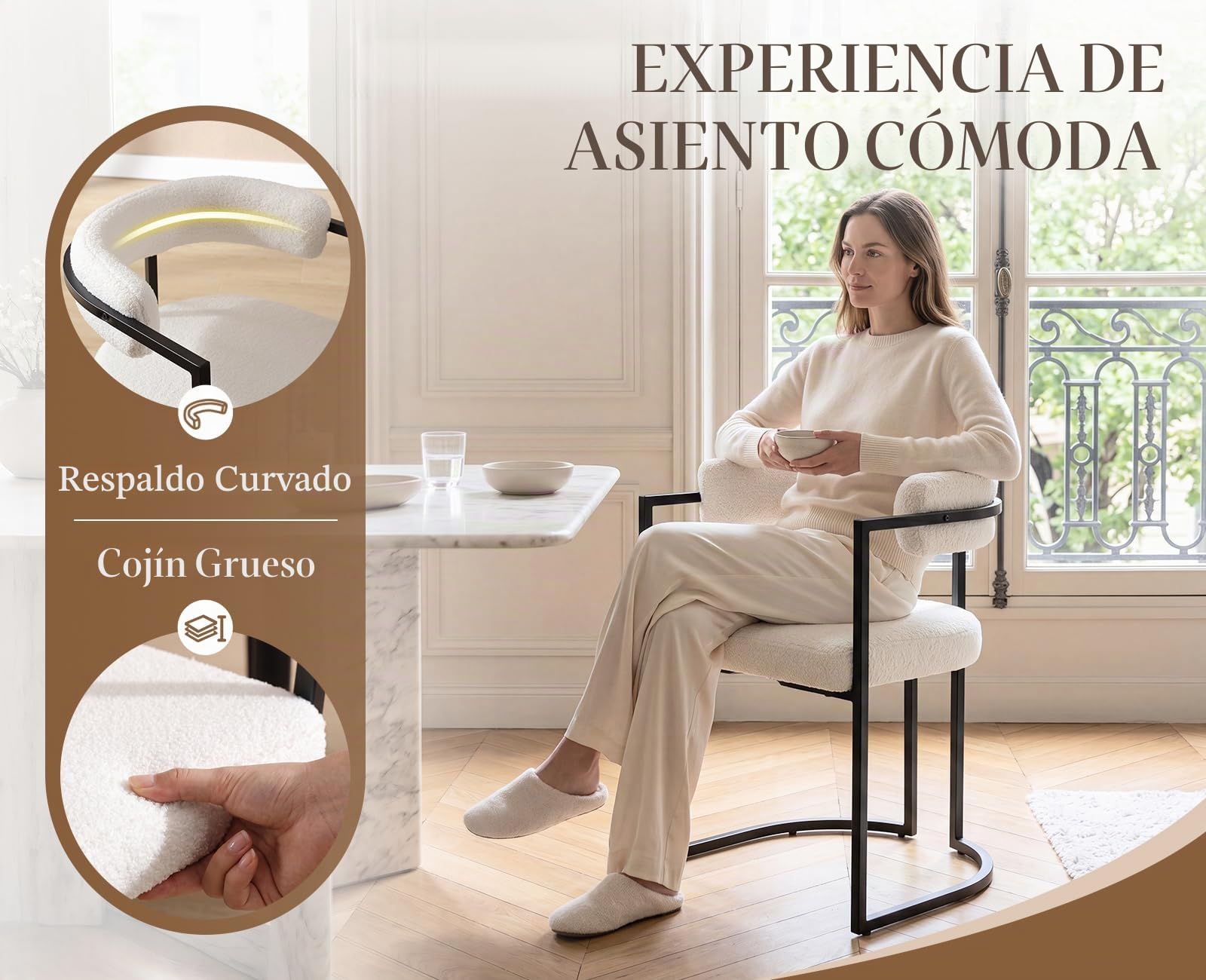 Ya-Home Juego de 2 Silla de Comedor Silla Cocina de Lana Sintética, Blanco | Asiento Tapizado de Lana Sintética, Patas de Metal Antideslizantes, Respaldo Curvado, Cojin Grueso, para Hogar/Restaurante