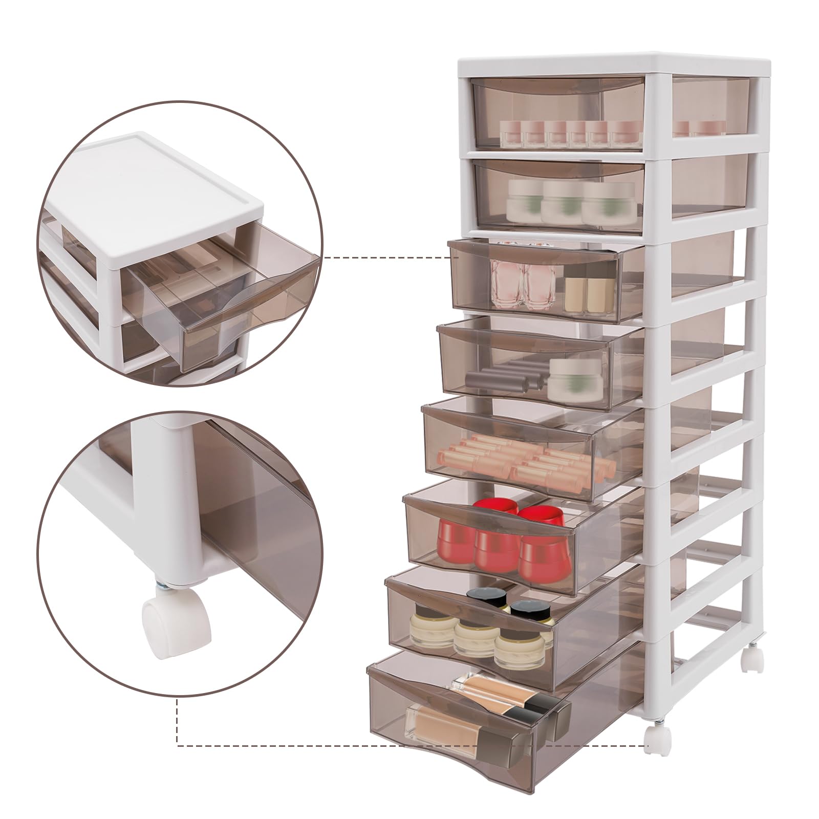 Armadietto con 7/8 cassetti da scrivania in plastica PP, cassetti trasparenti con maniglie, 4 rotelle, colore cachi, per ufficio, cosmetici, giocattoli (8 cassetti)