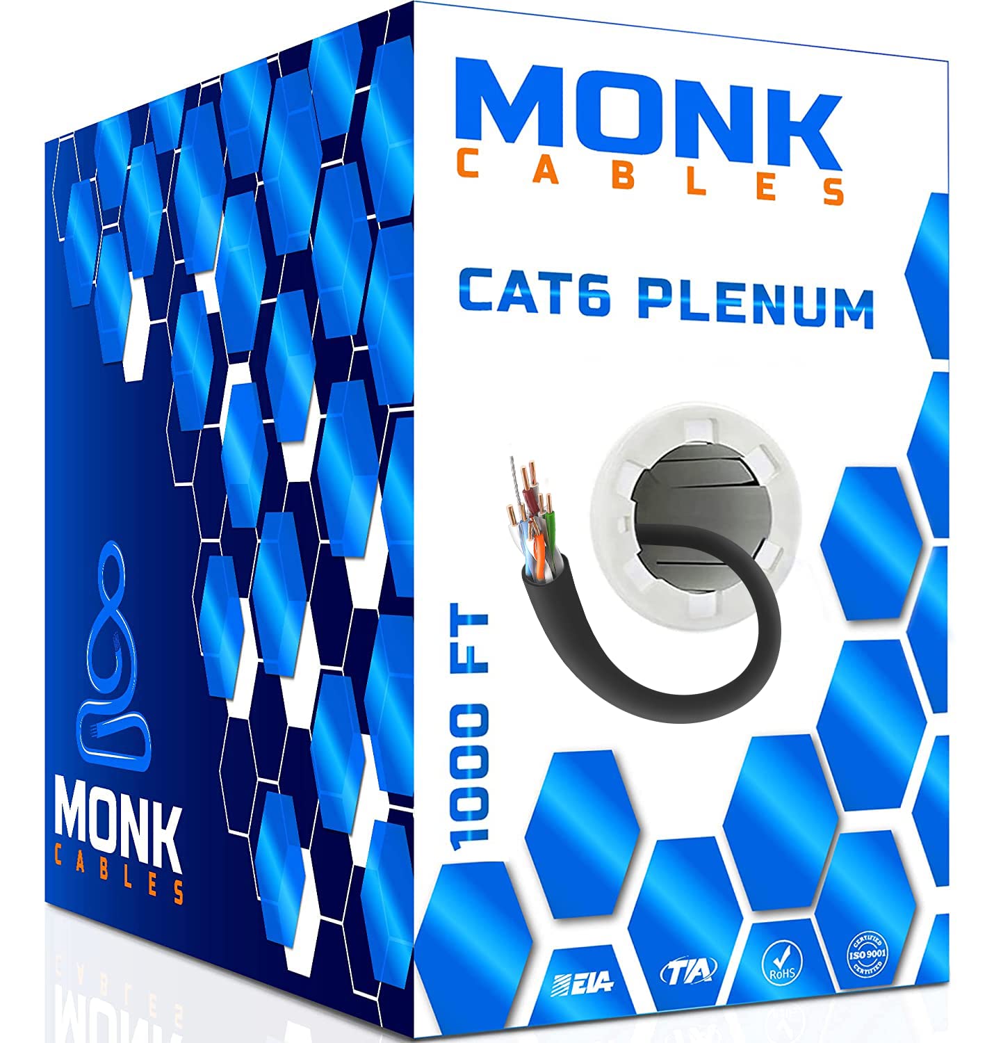 MONK CABLES | CAT6 Plenum Cable 1000ft | UTP, 23AWG, 550MHz | DSX-8000 Certified | Most Certified Cable of The Whole Market (Black)