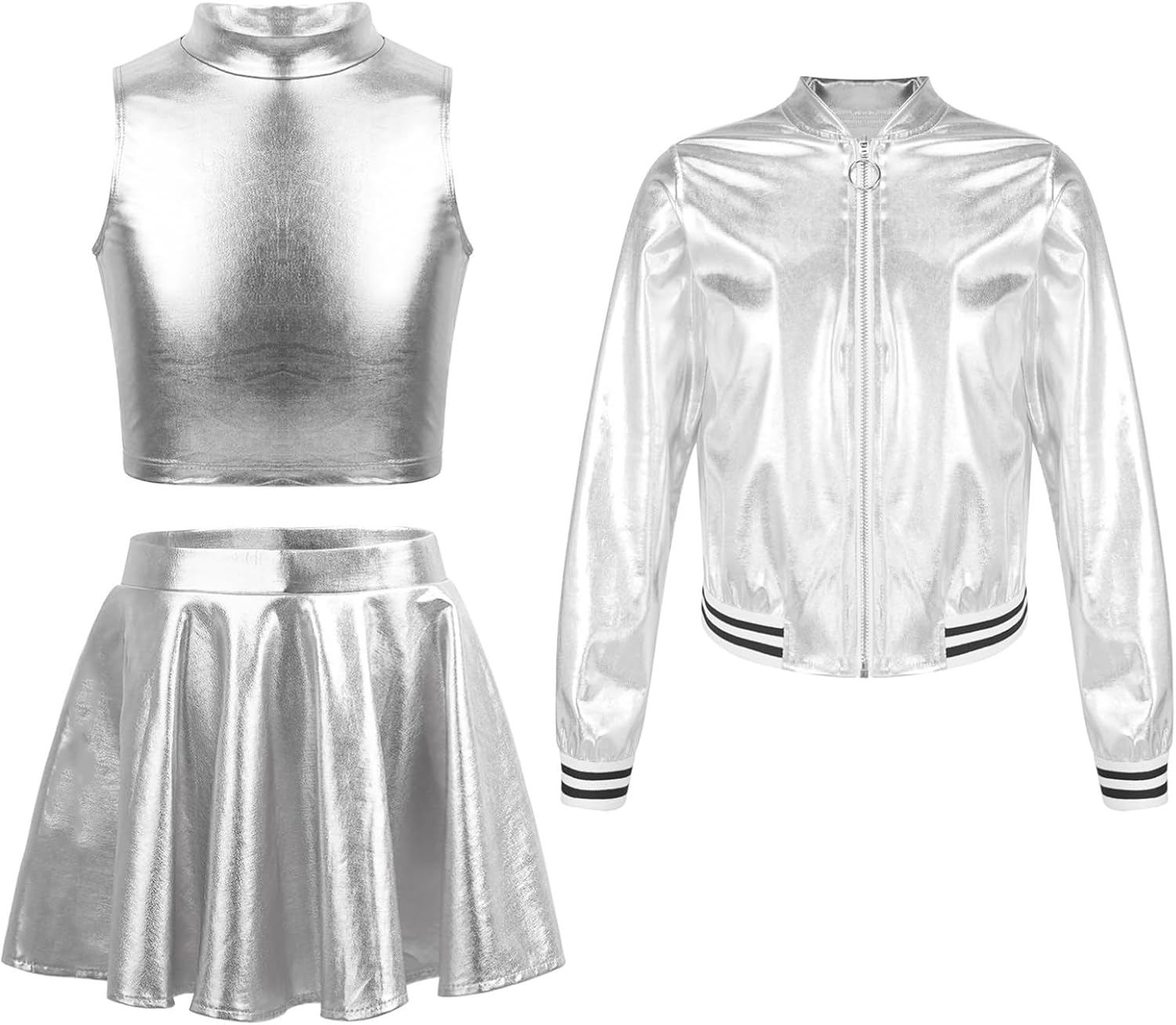 3Pcs Girls Metallic Jazz Hip Hop Dance Outfits Crop Top & Skirt & Jacket Sets Cheerleading Dancewear
