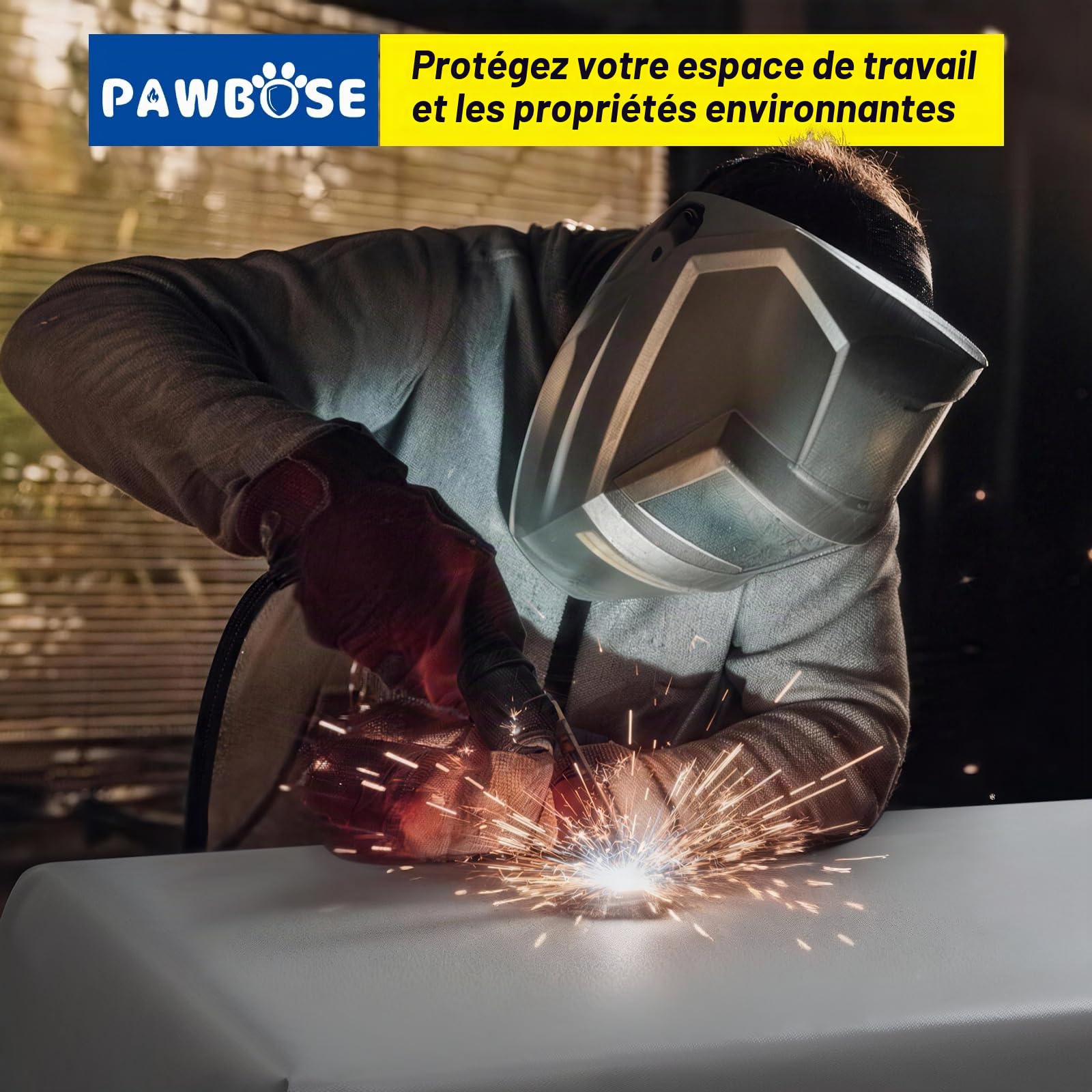 PAWBOSE Lot de 2 couvertures de soudage 120x180 cm, ignifuge fibre verre enduite silicone pour soudage/découpage. Protection ultra-résistante, avec sac rangement, utilisable intérieur/extérieur.
