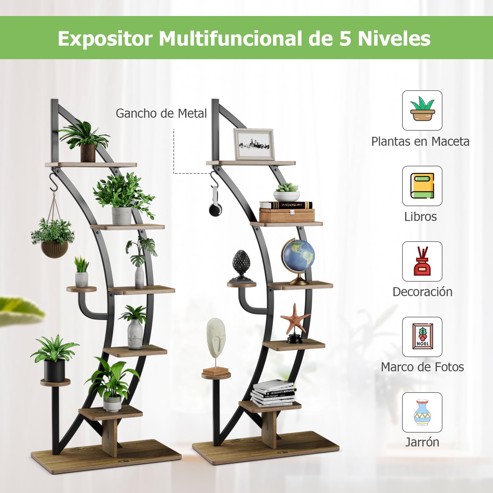 GOPLUS Soporte para Plantas de Metal de 7 Niveles, Estante de Exhibición con Forma de Media Luna, Gancho y Dispositivo Antivuelco, Estantería Curvada para Salón Dormitorio Balcón (Negro-2 Piezas)