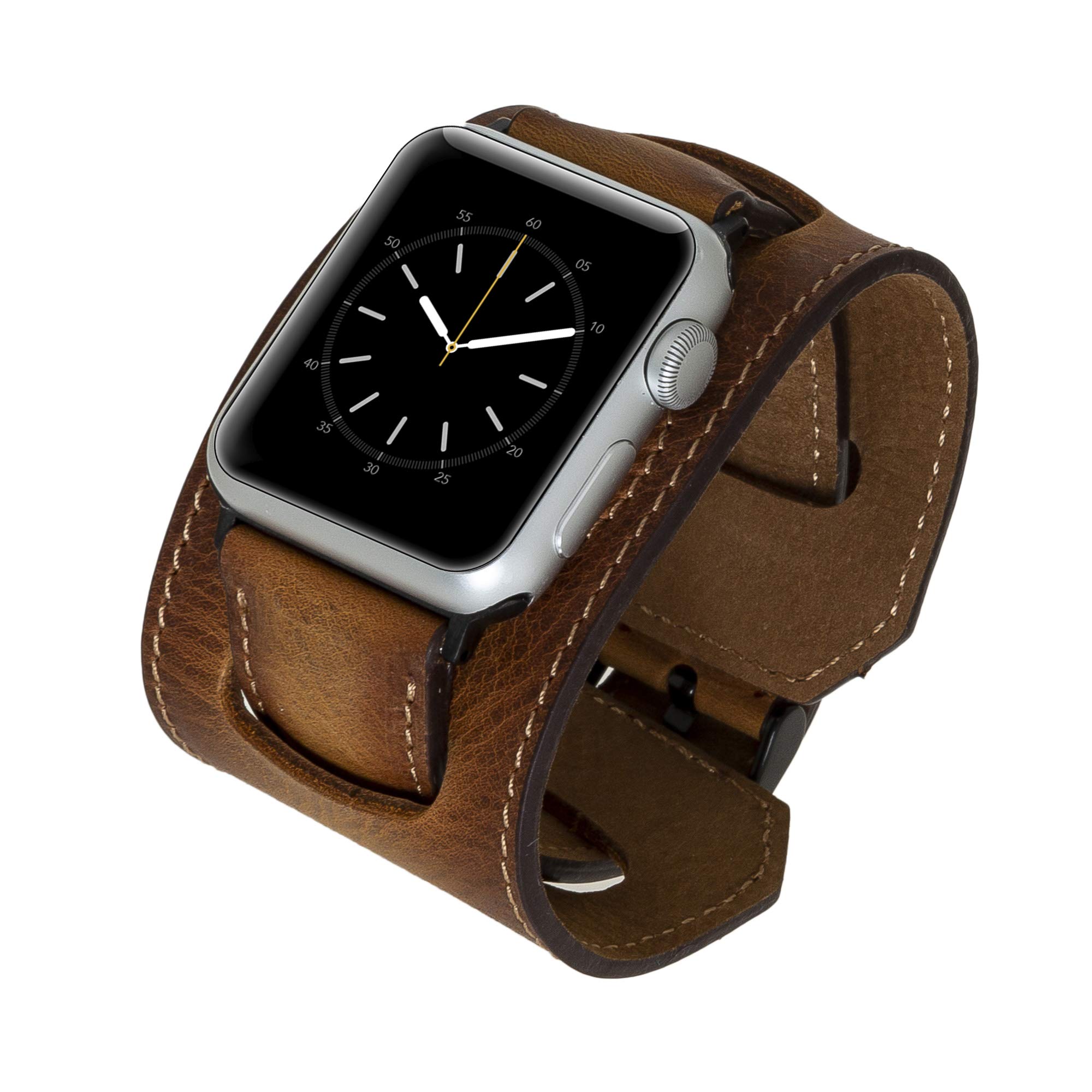 Venito Ancona Cuff Handmade Premium Leather Watch Band Compatible with Apple Watch iwatch Series 1,2,3,4,5,6,7,8,9,10,11 and SE 1,2,3 (Antique Brown w/Black Hardware)