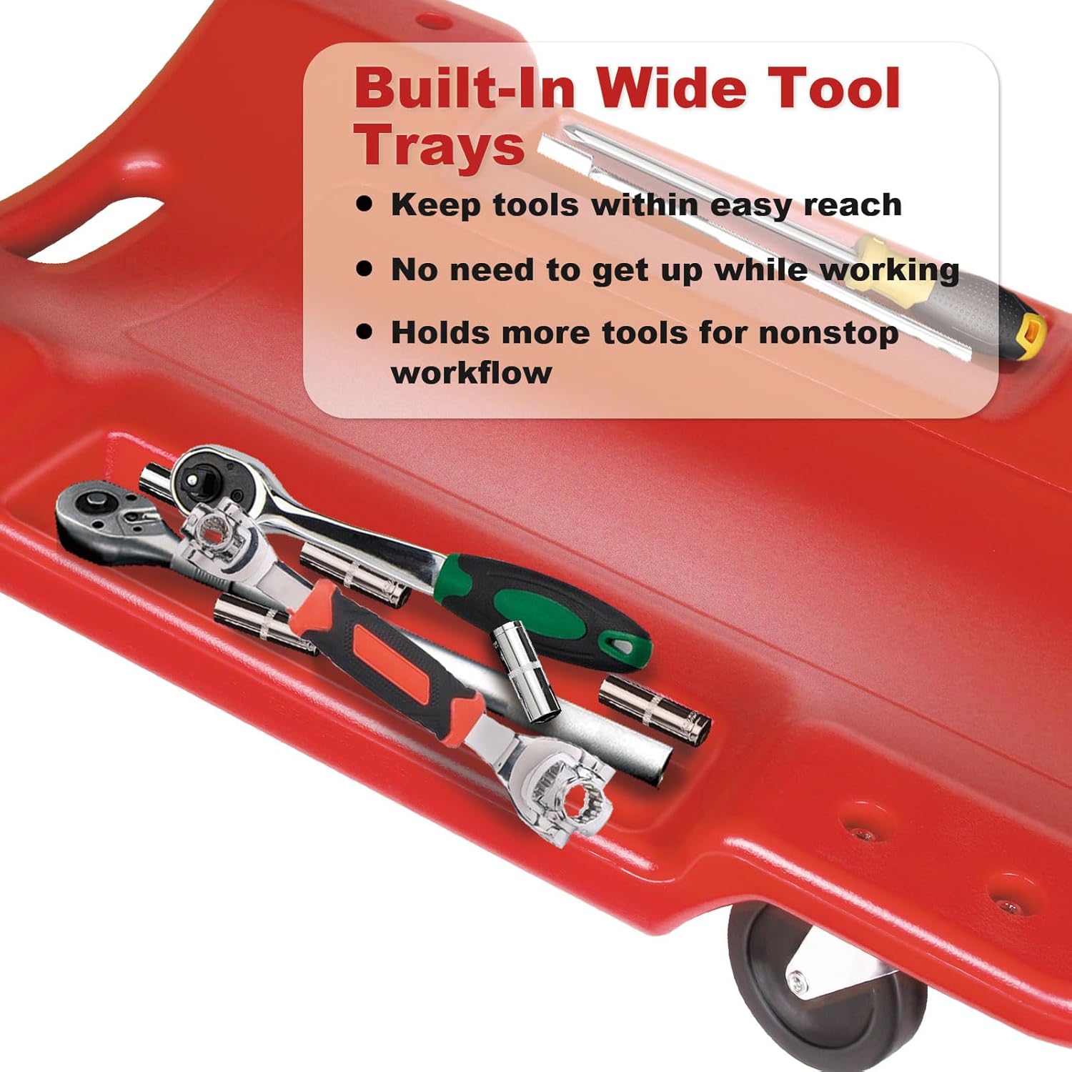 40-Inch Mechanic Creeper – Heavy Duty 500lb Rolling Garage Creeper with Padded Headrest, Dual Tool Trays & 6 Swivel Casters – Low Profile Under Car Automotive Creeper for Auto Repair, Red