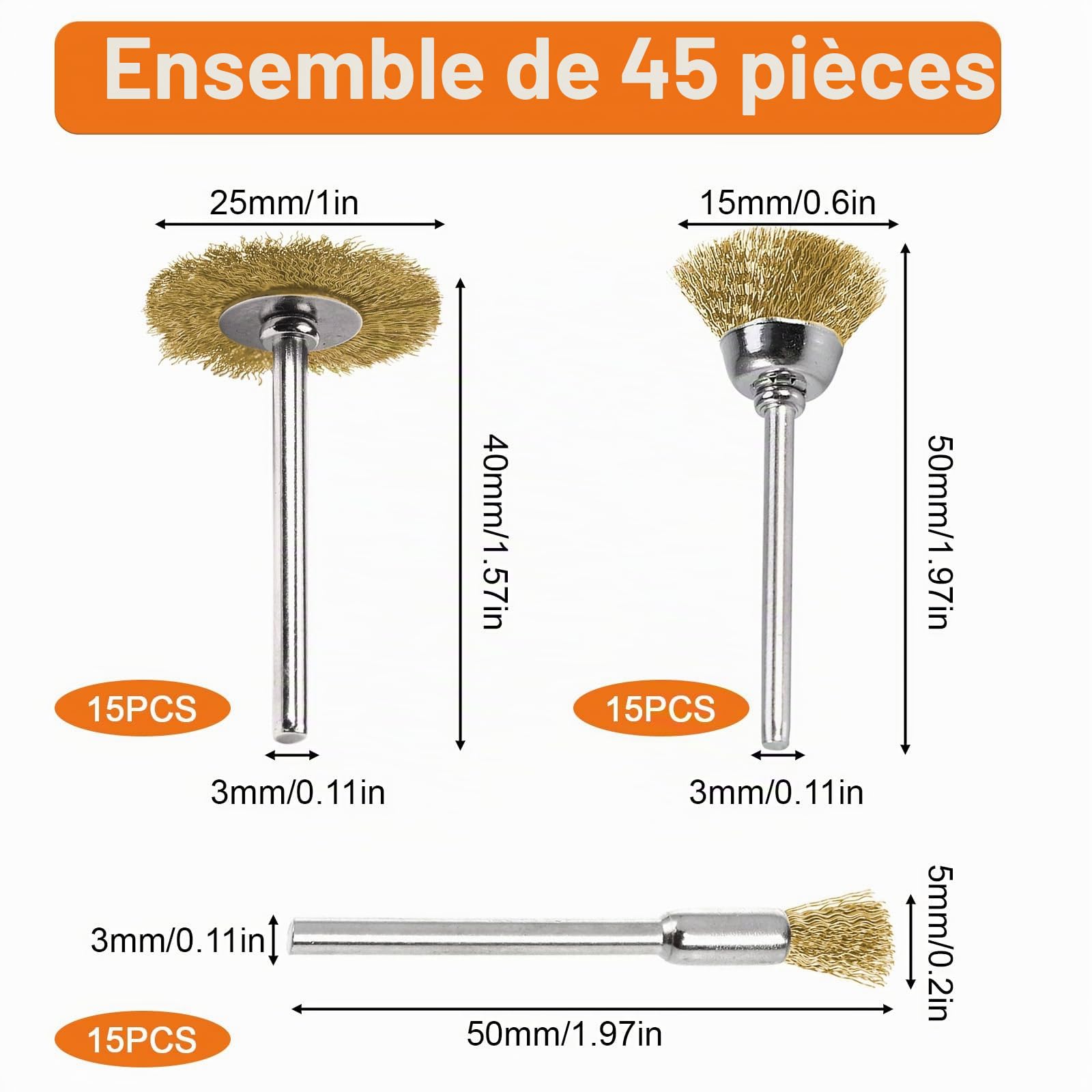Brosse Metallique pour Perceuse, 45pcs Mini Brosse Métallique en Laiton pour Dremel Rotatifs Outils, 3 Formes avec Tige 3mm pour Polissage Dérouillage Nettoyage Ponçage