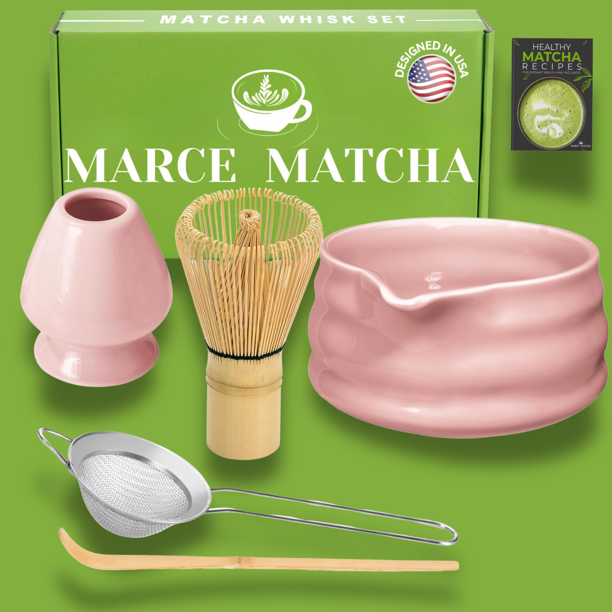 Marce Matcha Whisk Set- Matcha Set includes Matcha Whisk and Bowl with Spout, Sifter, Holder and Scoop- The Perfect Bamboo Whisk for Matcha Tea (Pink)