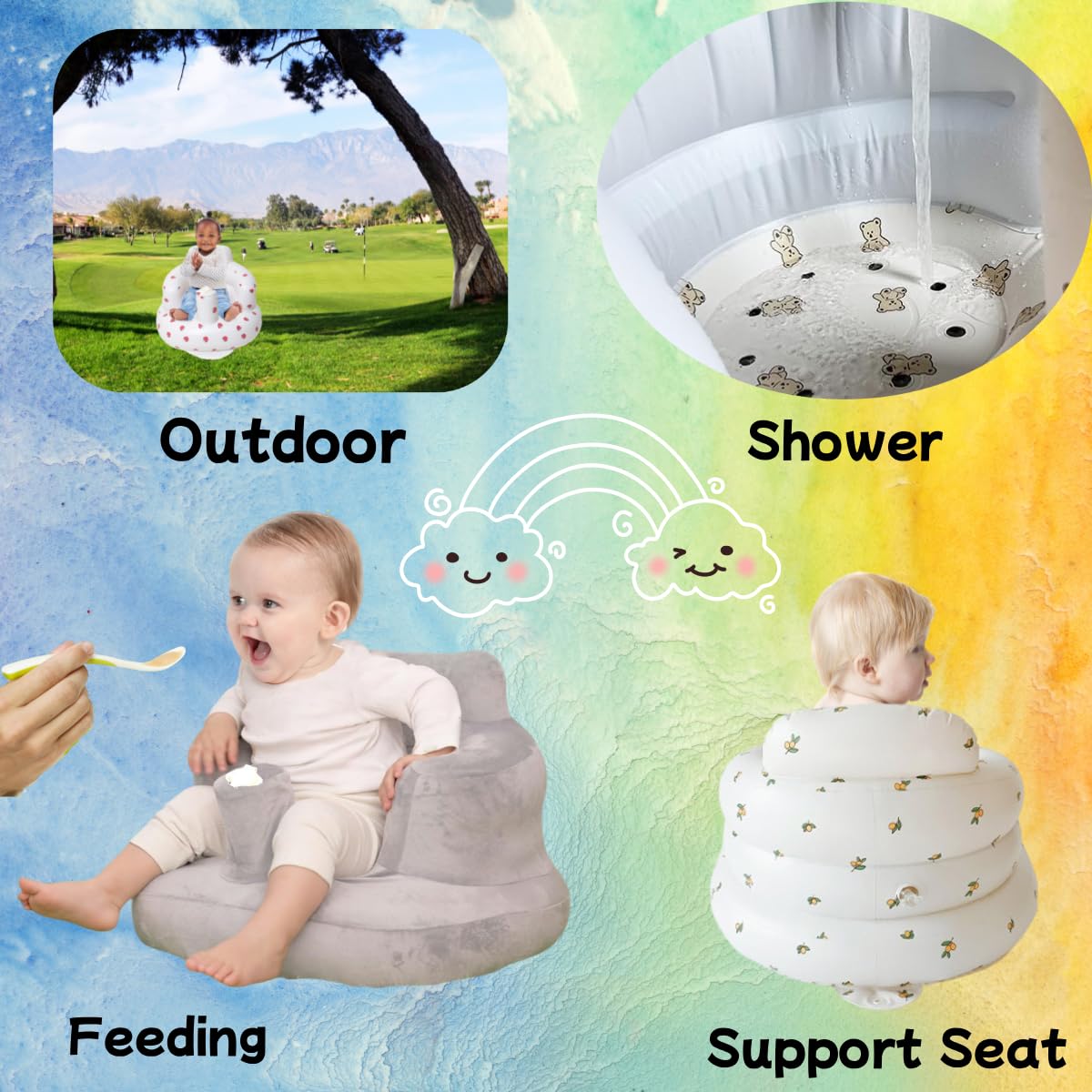 Aufblasbarer Baby-Sitz für Babys ab 4-24 Monaten,Baby-Rückenstützsofa,Boden-Sitzunterstützung zum Sitzen lernen (Baby Bär+Sofabezug)