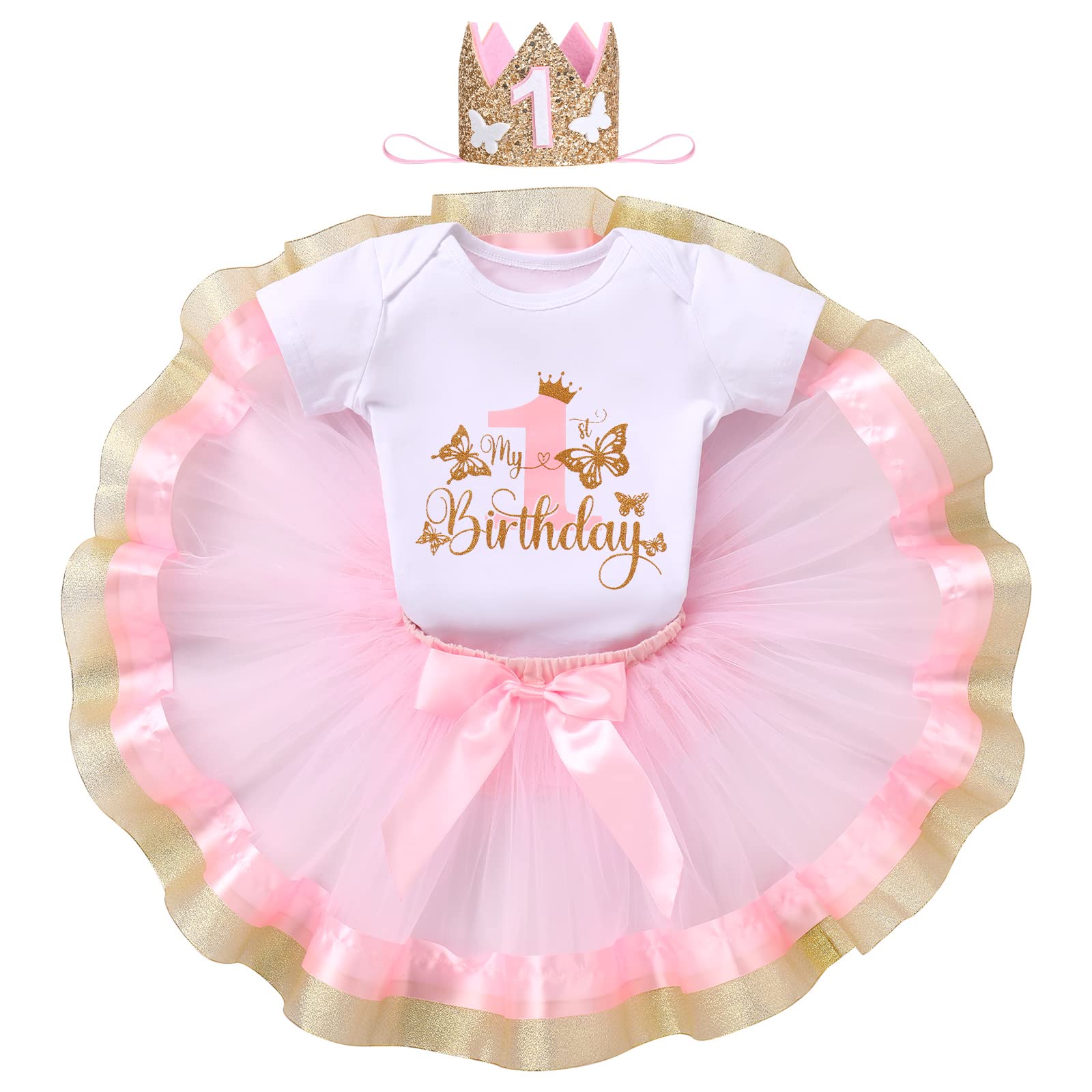 IBTOM CASTLE Baby Girl 1st Birthday Cake Smash Outfit Sequin Butterfly Romper Princess Tutu Dress Headband Photoshoot Clothes