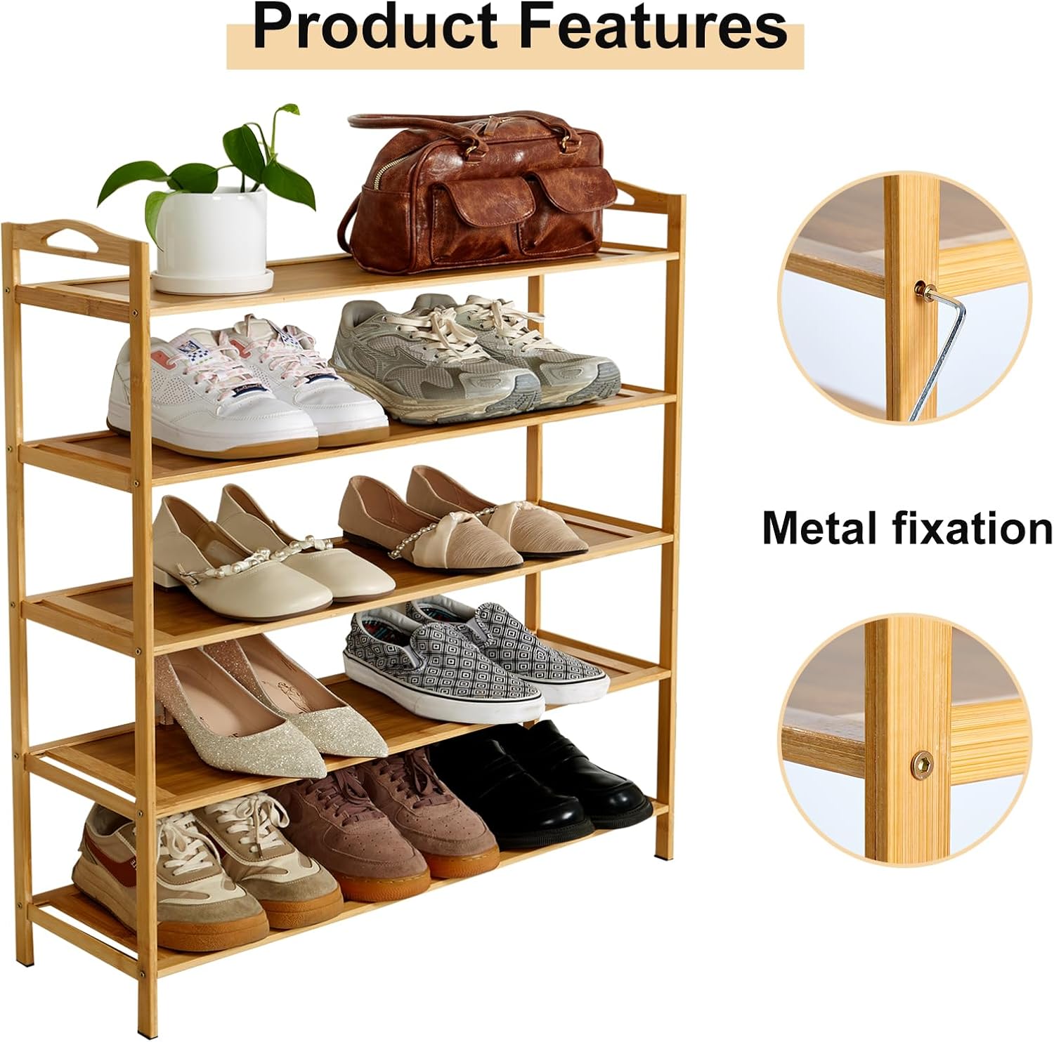 5 Tier Bamboo Shoe Rack, Free Standing Shoe Racks, Shoes Rack Organizer, Bamboo Wood Shoe Rack for Entryway and Closet Hallway (27.5" x 9.25" x 34.3")