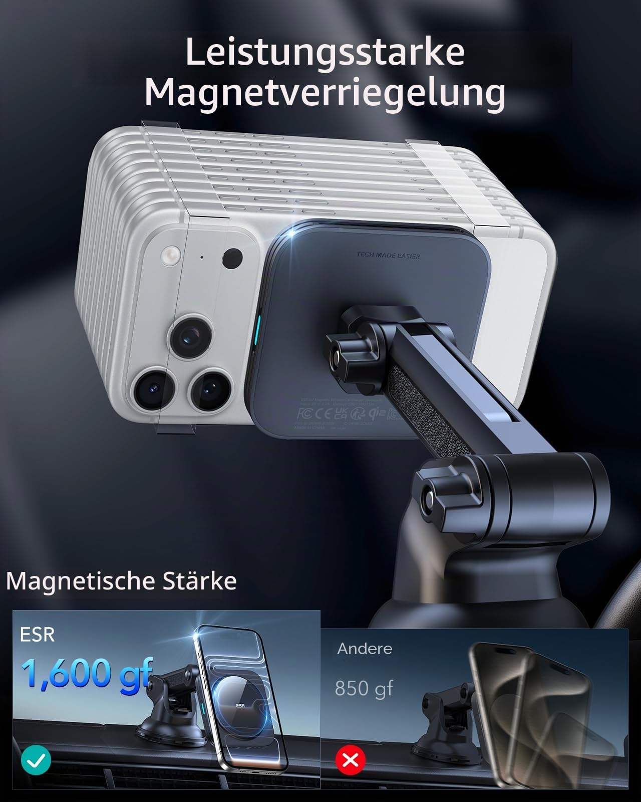 ESR für Magsafe Autohalterung mit Ladefunktion, Armaturenbrett Handyhalterung Auto Ladegerät, Magnet Handyhalterung Auto mit Ladefunktion für iPhone Air/17/17e/16/15/14/13/12, S25/S26, Schnellladung