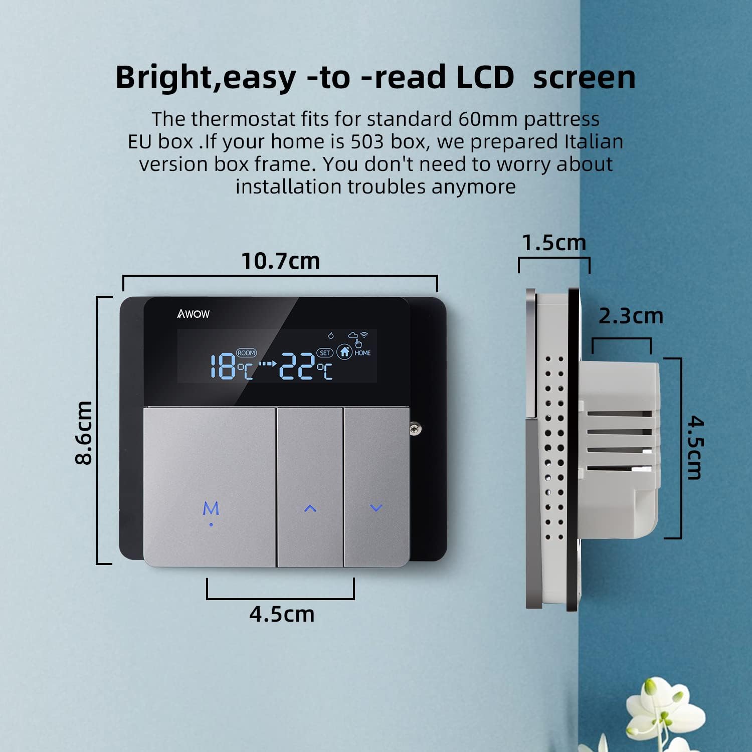 Wiring diagram for AWOW TH213 thermostat connecting to a boiler and power supply