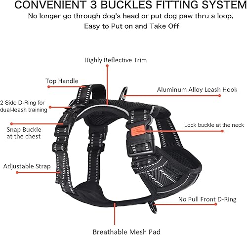 Miniatura 2 de Petmolico Juego de arnés y correa para perro sin tirones, 4 correas con asa de fácil control, chaleco reflectante acolchado suave para razas de
