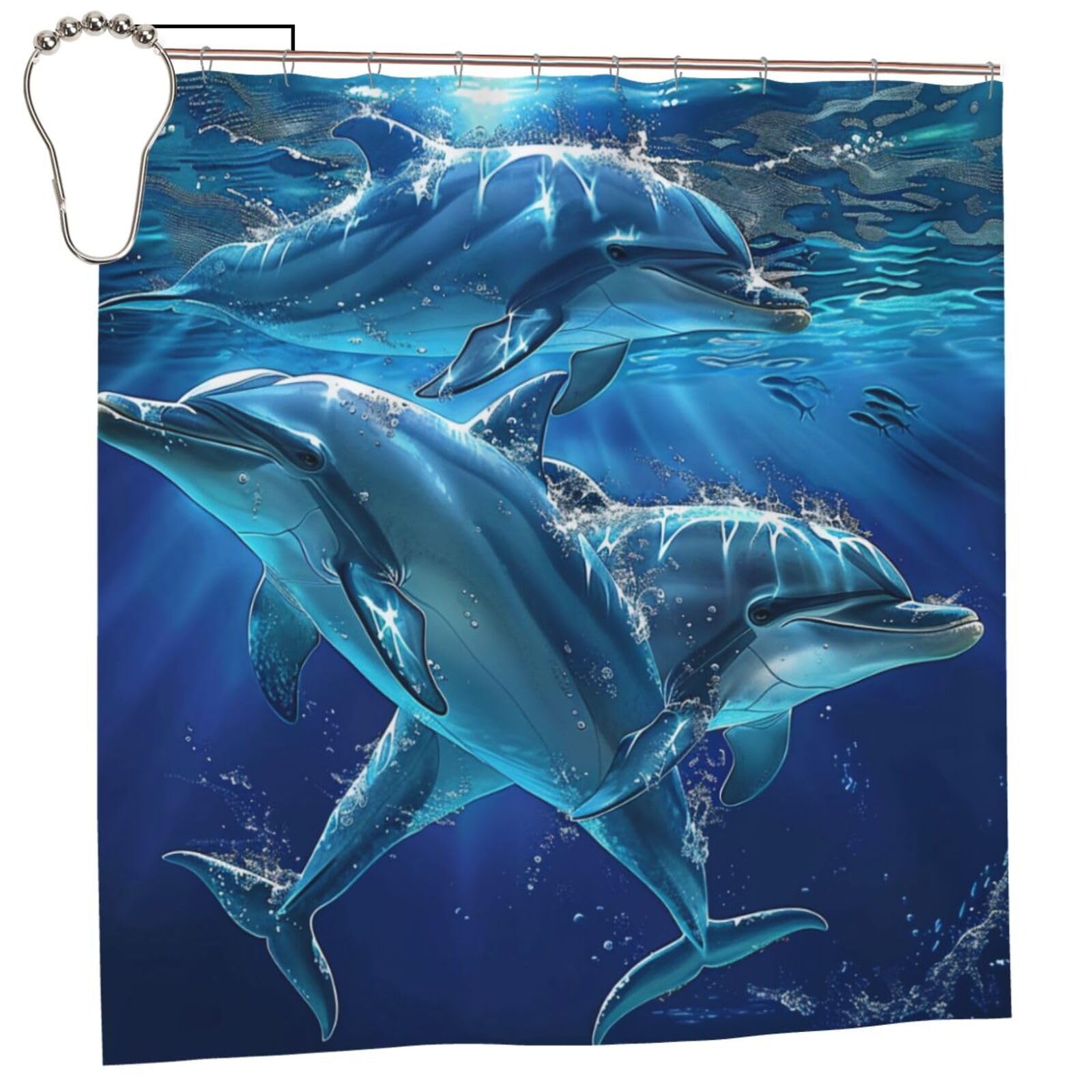 BWWHCCTI Dolphins Printed Shower Curtain With 12 Iron Hooks Opaque Quick Drying Waterproof Shower Curtains Sets For Bathroom 183x183 CM