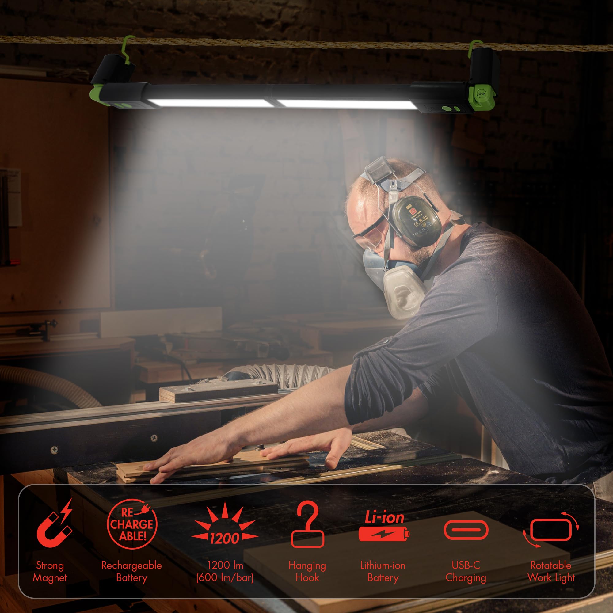 Wagan EL4346 - Lampada da lavoro a LED rimovibile, ricaricabile, 2400 lm, portatile, con magnete e ganci, senza fili, lampada da lavoro luminosa per riparazione auto, garage, officina