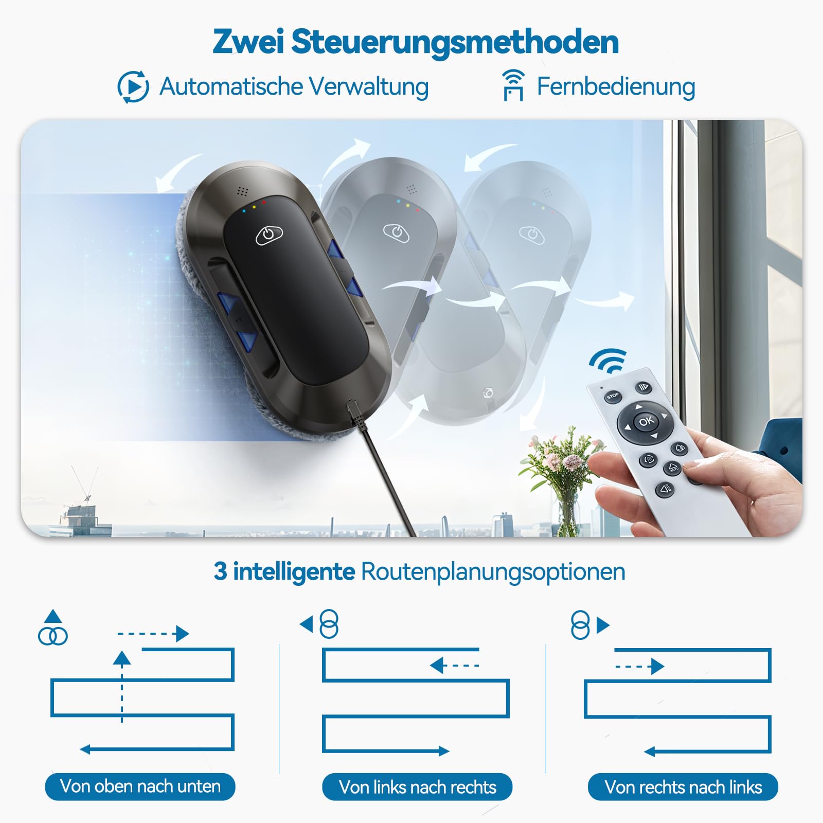 W23D 6500Pa Fensterputzroboter mit Doppeldüsen-Sprühfunktion, Elektrischer Fensterroboter Für Fenster/Fliesen, <65dB, Intelligente Navigation,10 Reinigungstücher, Robot Lave Vitres
