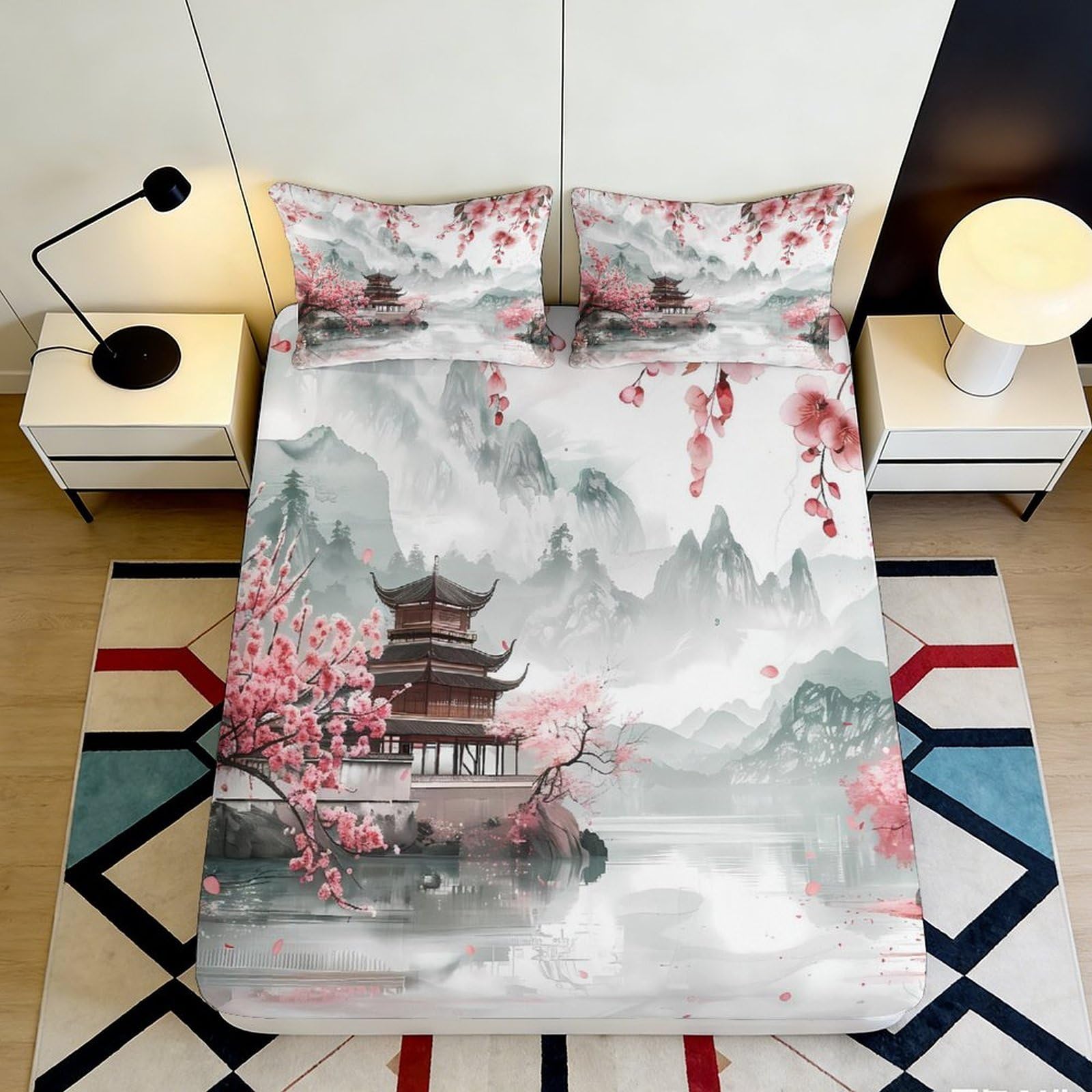 3D Printed Oriental Landscape Fitted Sheet Microfiber Soft Breathable Cherry Blossom Bed Cover for Bedroom Dorm Decor 90x200x25cm